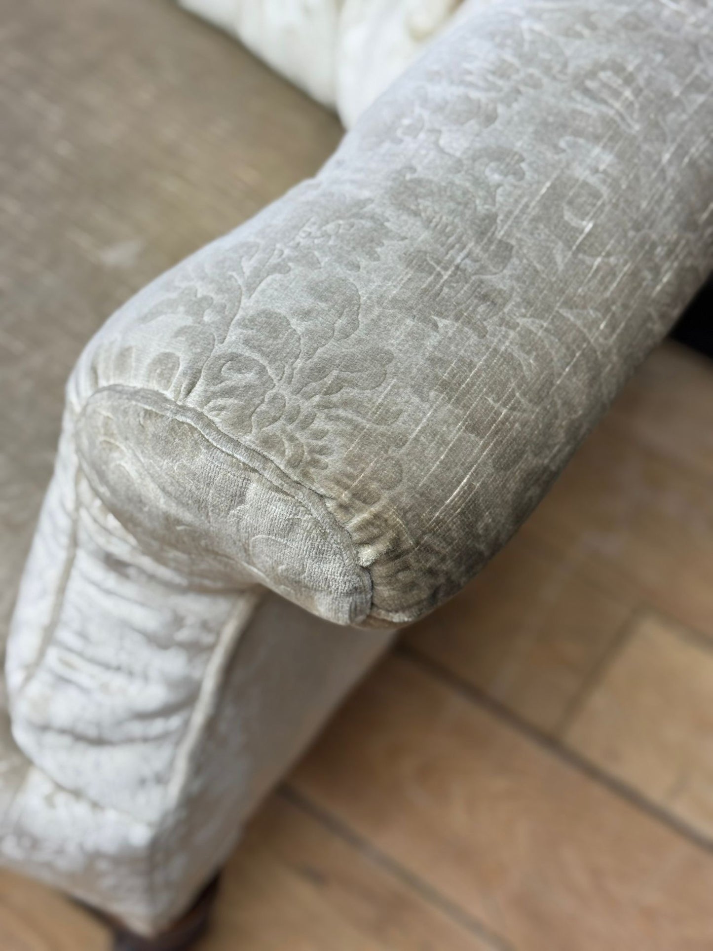 Late Victorian Walnut Button Back Sofa – Scroll Arm Upholstered Settee