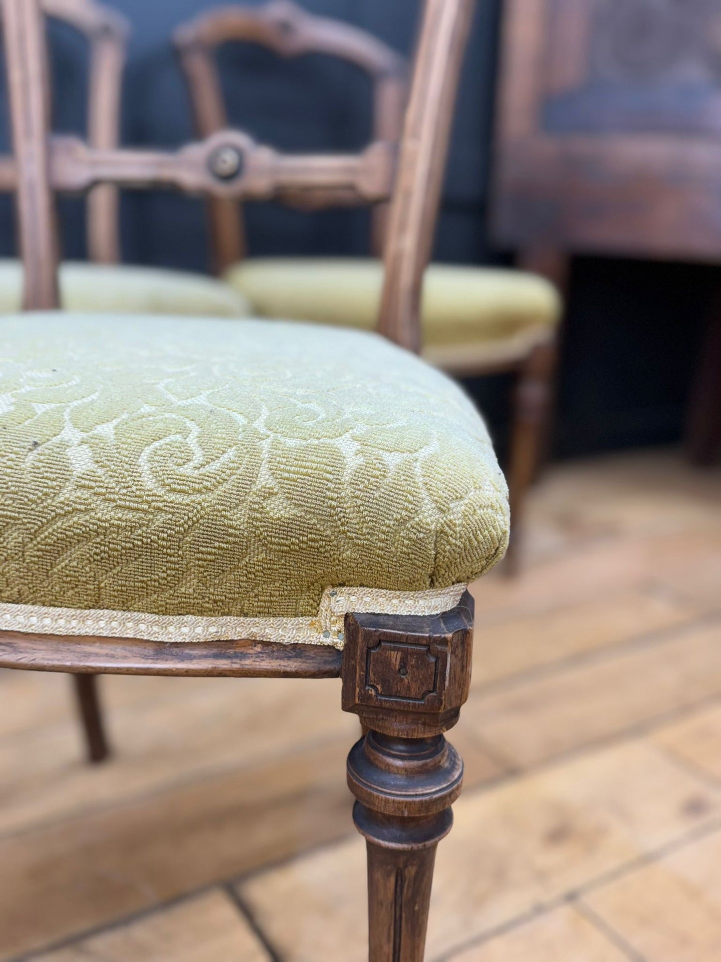 Set of Late Victorian Upholstered Dining Chairs / Walnut Kitchen Chairs