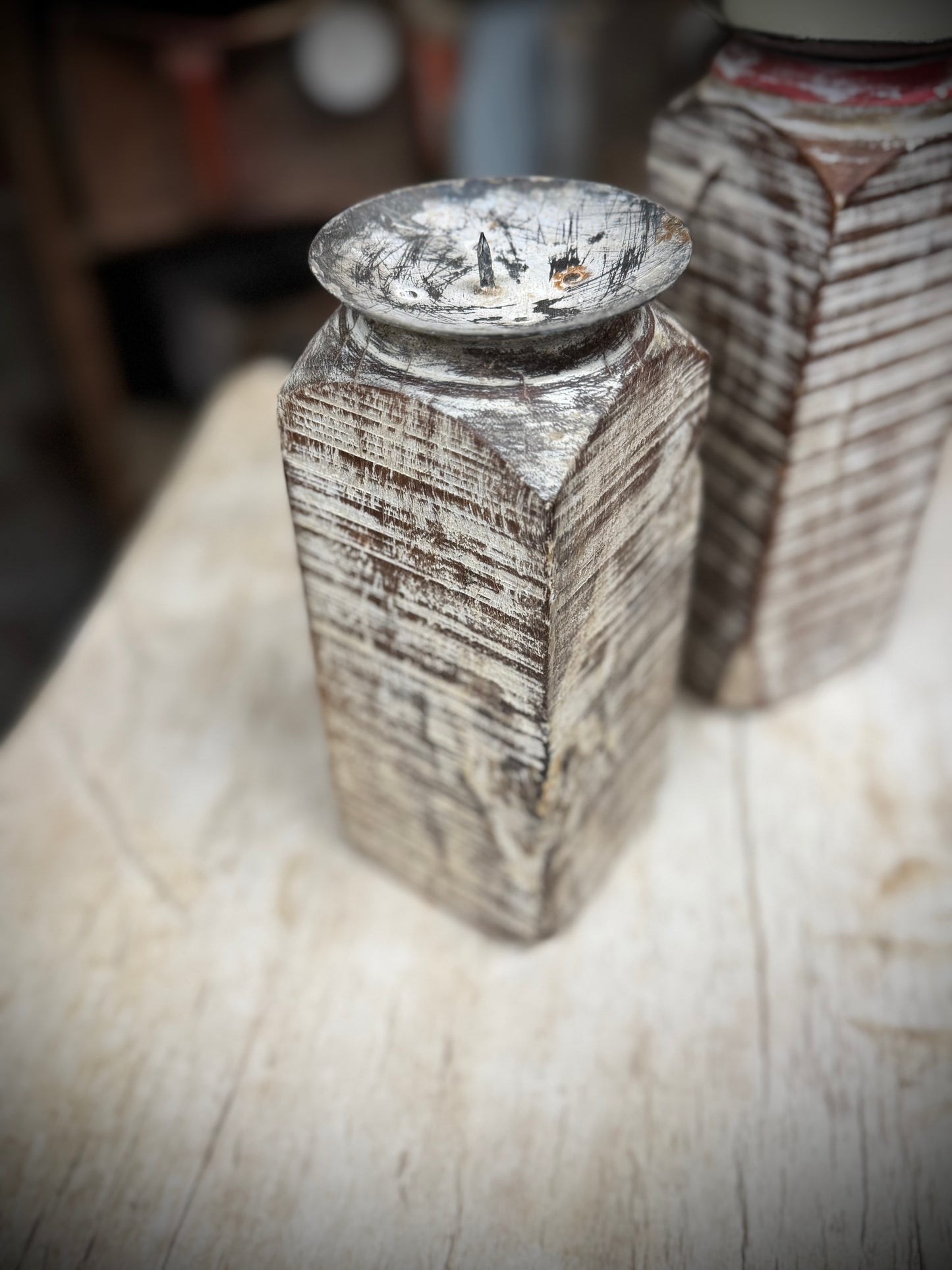 Pair Of Rustic Wooden Candle Holders / Large Church Candle Candlesticks /C