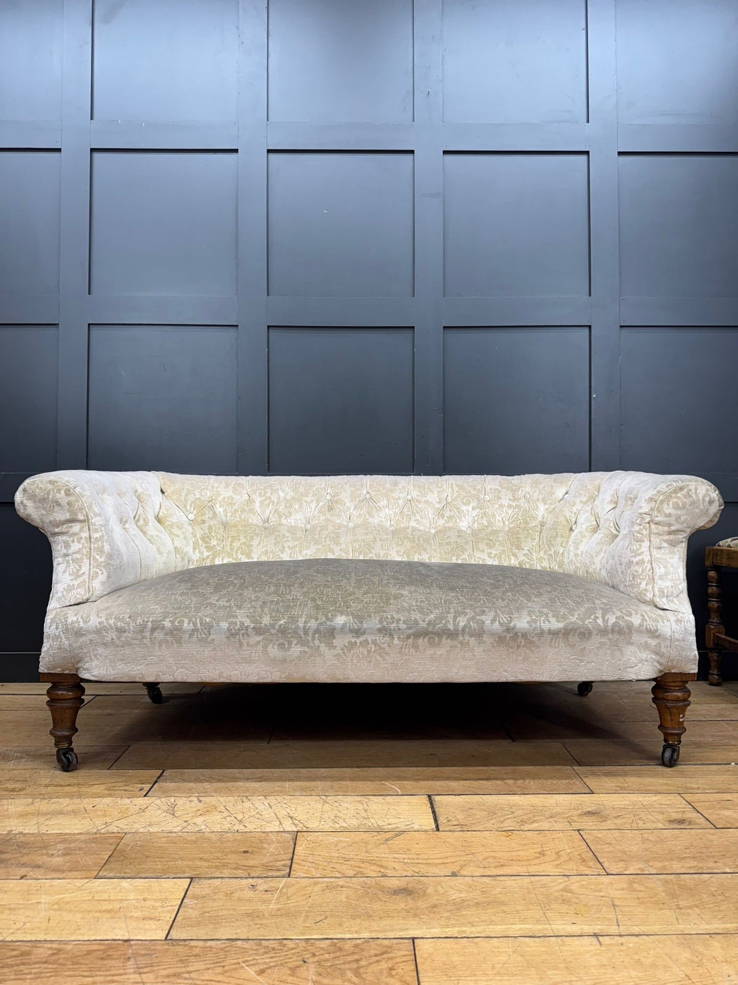 Late Victorian Walnut Button Back Sofa – Scroll Arm Upholstered Settee