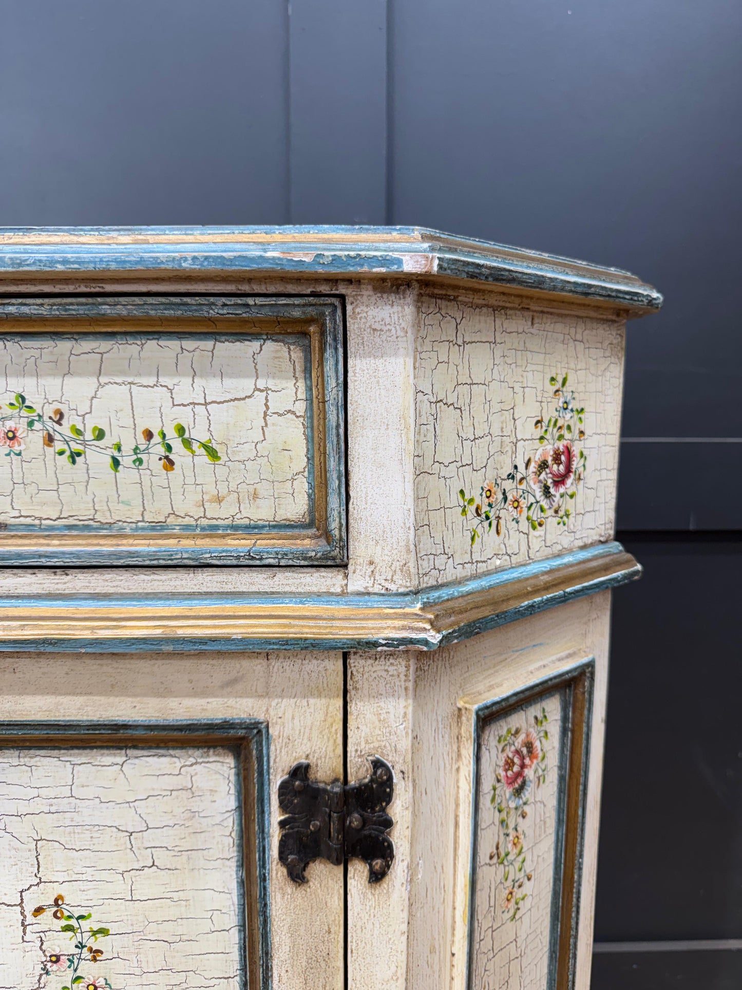 Vintage French Cream Floral Painted Side Cupboard Cabinet Sideboard Drawer Doors