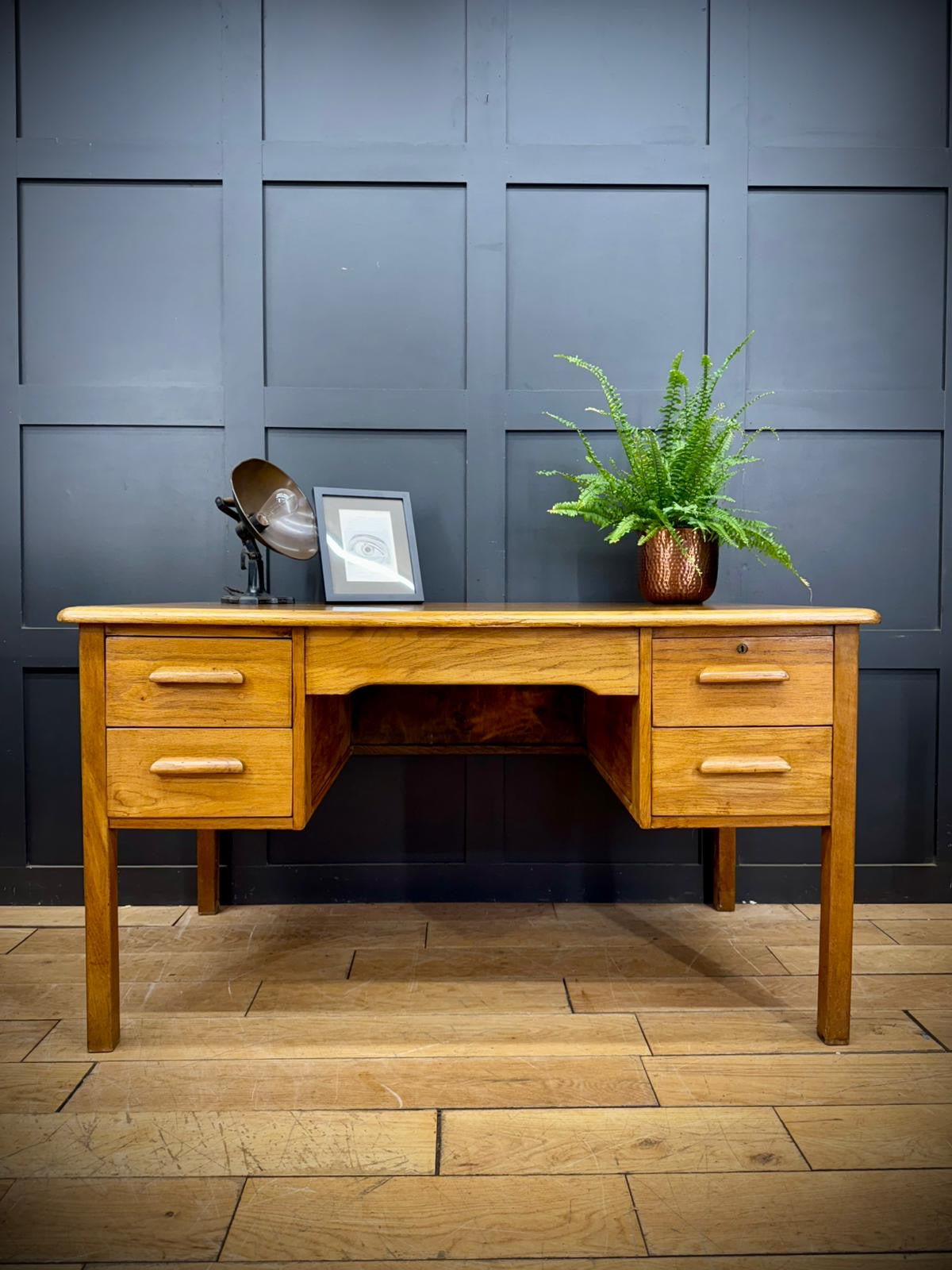 Vintage Abbess Oak Desk Twin Pedestal Writing Table Retro Office Furniture