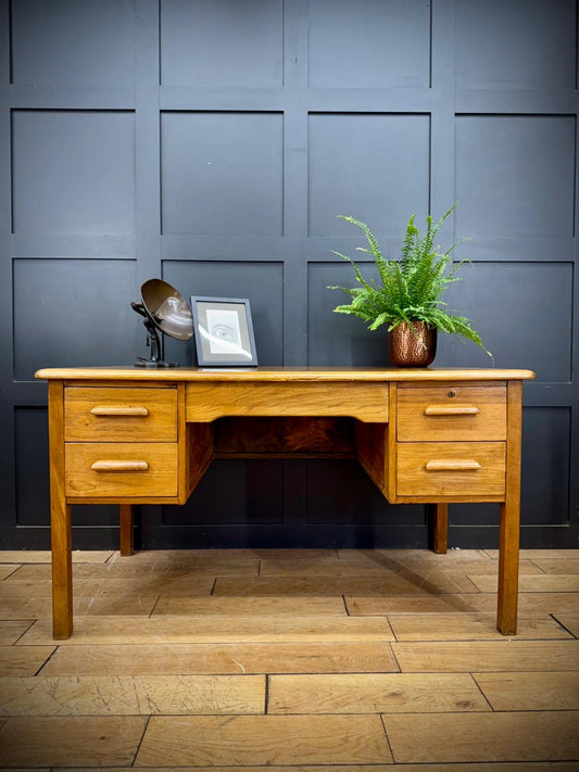 Vintage Abbess Oak Desk Twin Pedestal Writing Table Retro Office Furniture