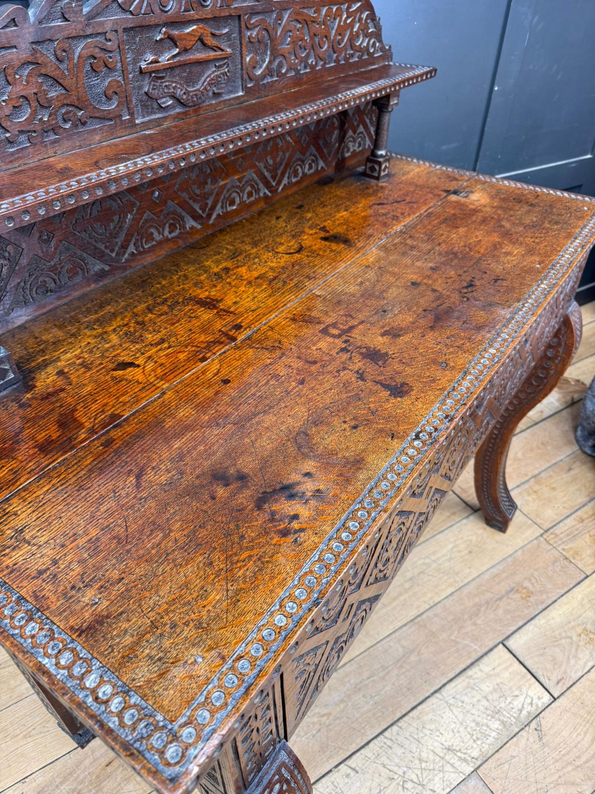 Antique Anglo-Indian Carved Oak Hall Table / Antique Console Side Table