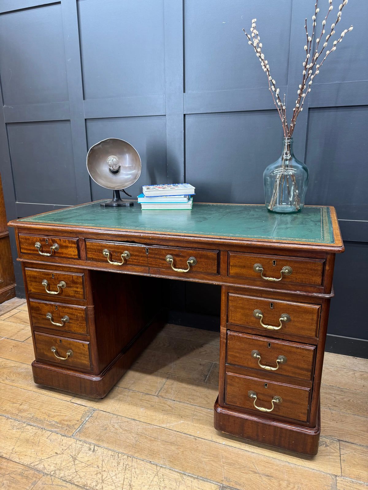 Antique Mahogany Twin Pedestal Writing Desk Green Leather Top Office Desk 19th.C
