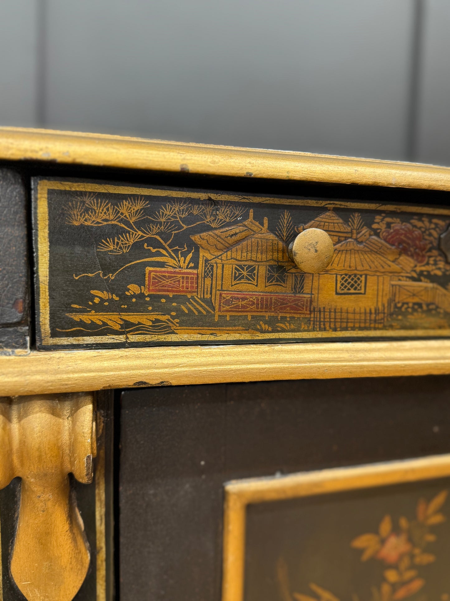 Antique Black Chinoiserie Cabinet Bedside Cupboard Oriental Painted Side Table