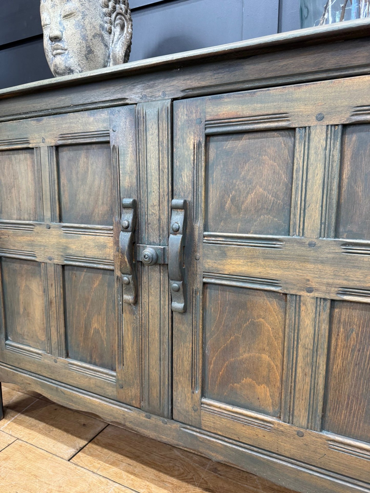 Vintage Ercol Elm Sideboard Cupboard with Drawers – Rustic Green Washed Finish