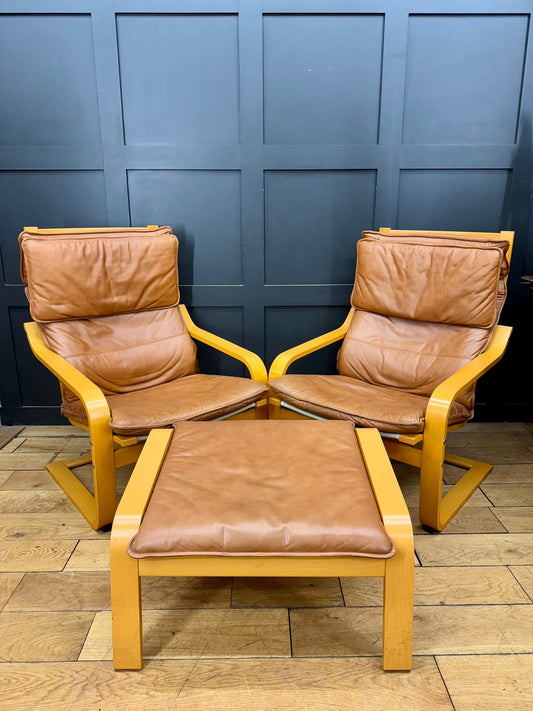Vintage Pair Of IKEA Poäng Lounge Chairs with Footstool – Armchairs Tan Leather
