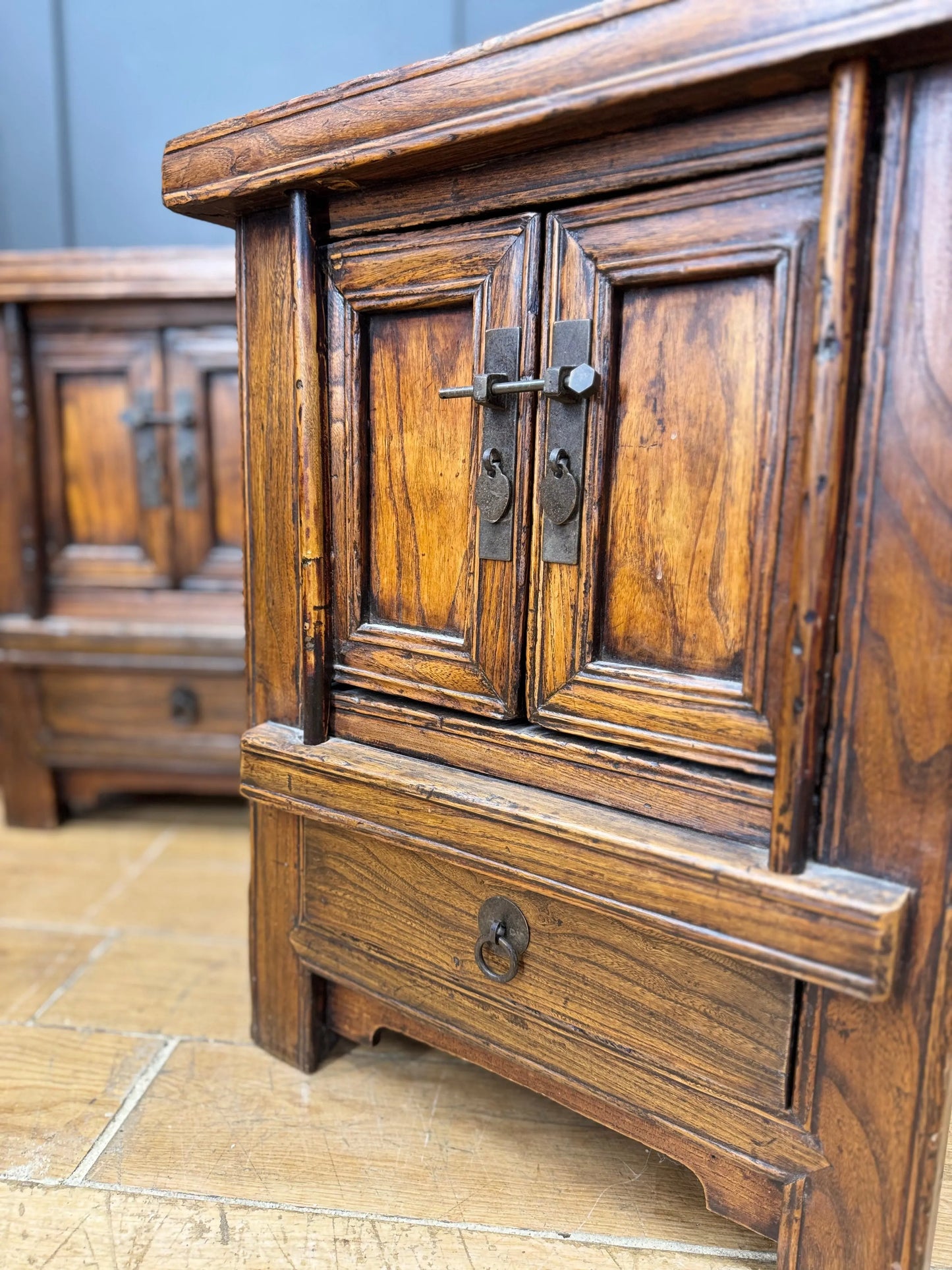 Pair Rustic Chinese Elm Bedside Cabinets Drawers Cupboards Side Lamp Tables