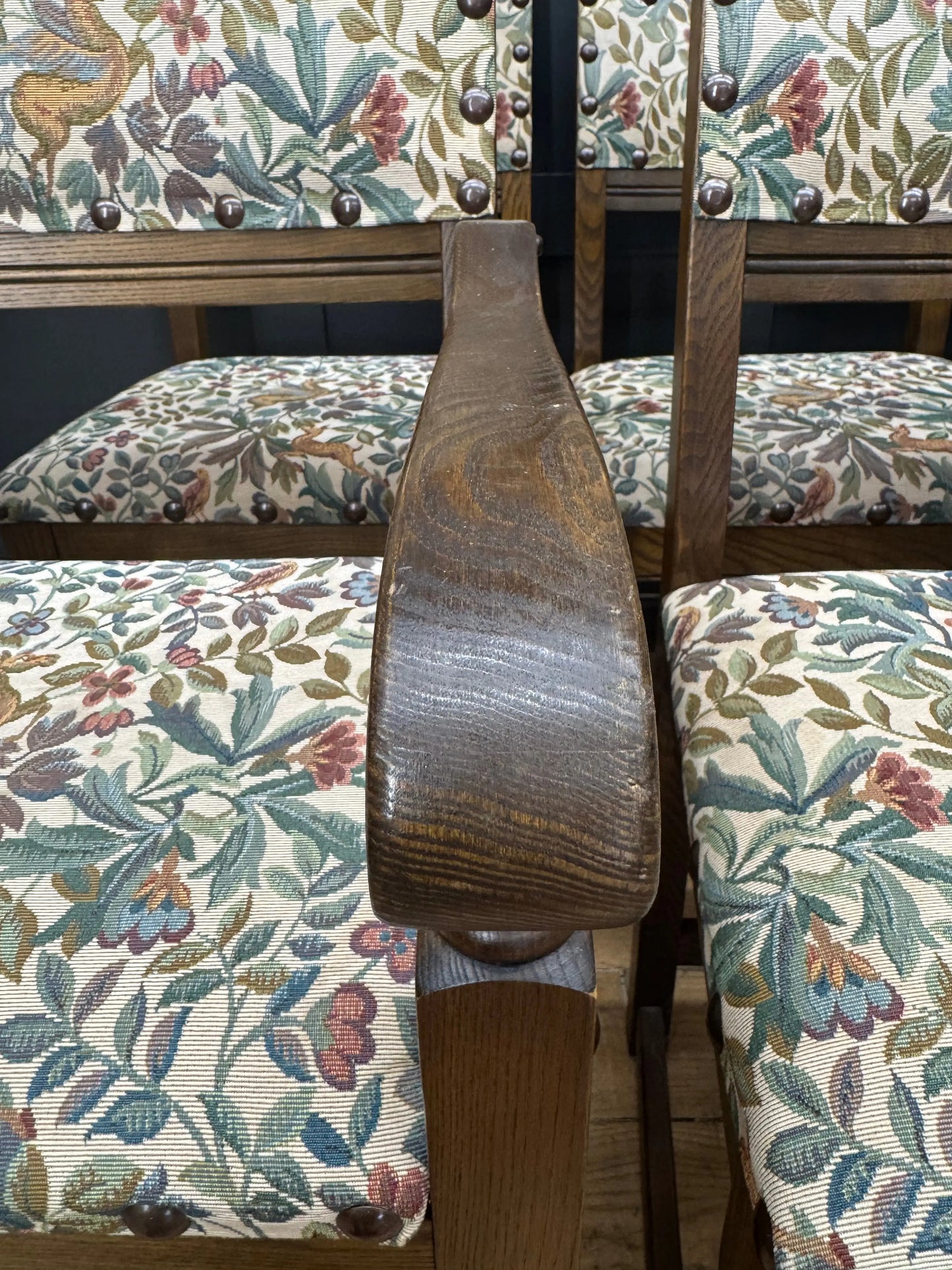 Old Charm Set 6 Dining Kitchen Chairs 2 Carvers Pegasus Fabric Solid Oak Vintage