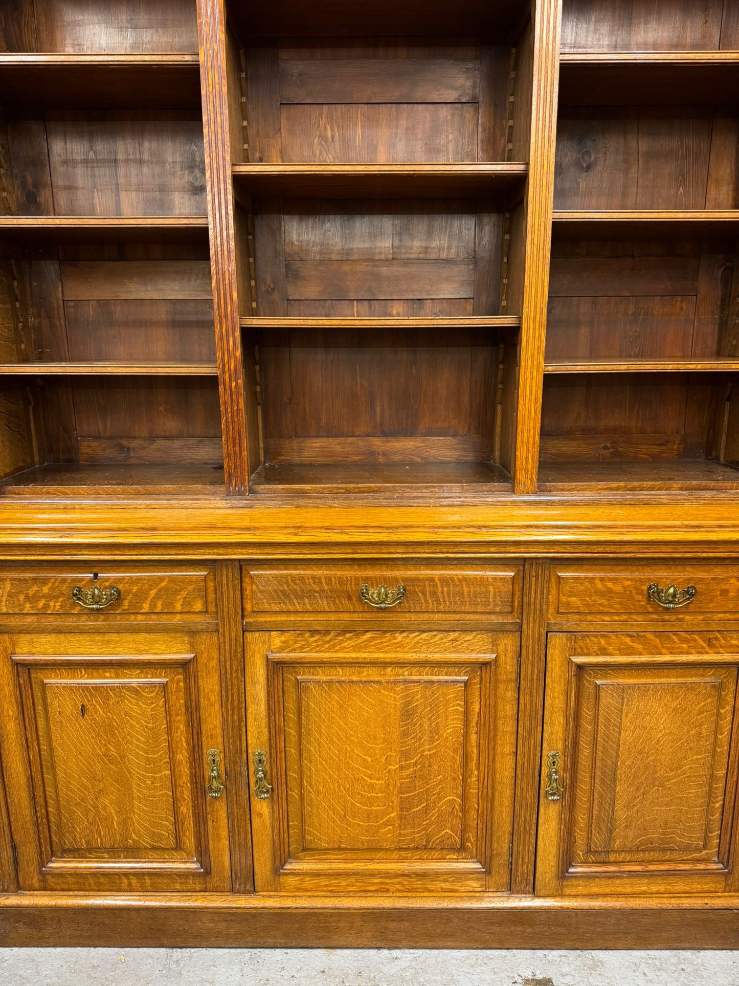 Victorian Solid Oak Breakfront Library Bookcase, TV Stand, Sideboard Display