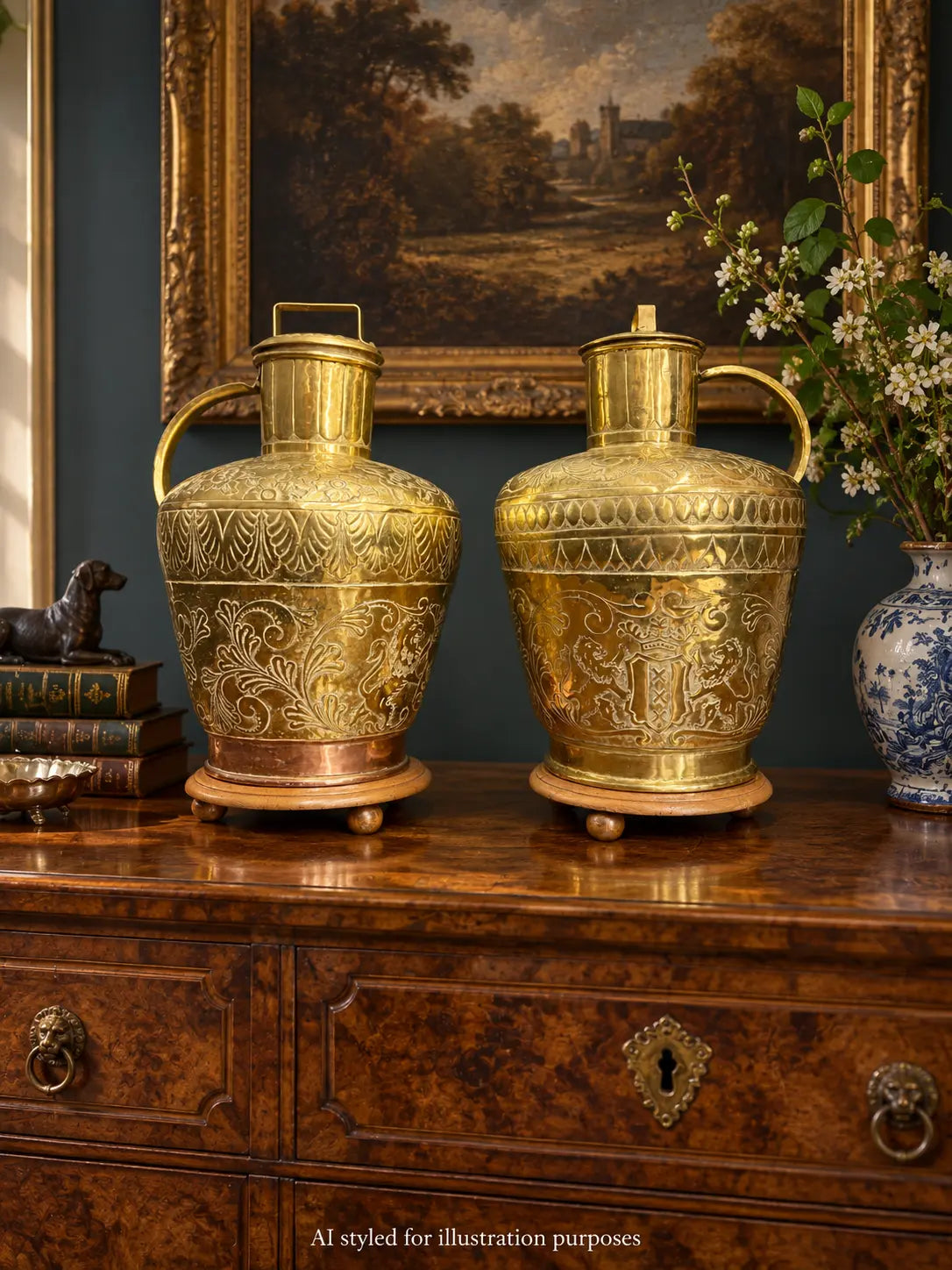 Antique Pair Large 19th Century Dutch Brass Floor Vases Jugs Urns  Display Decor