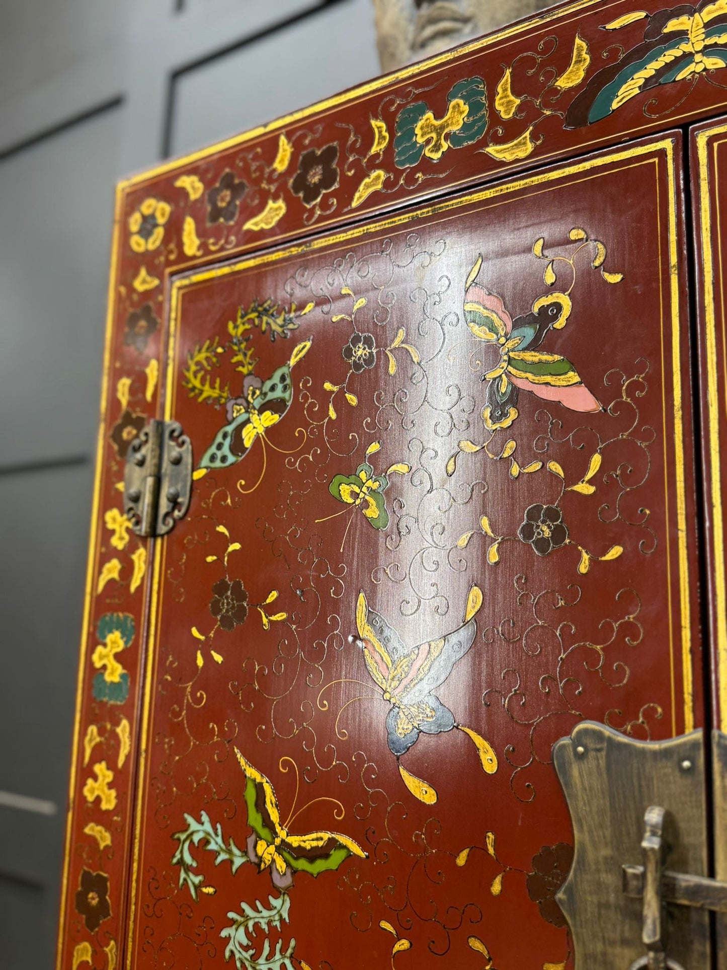 Red Lacquer Shanxi Butterfly Cabinet – Hand Painted Chinese Armoire Cupboard