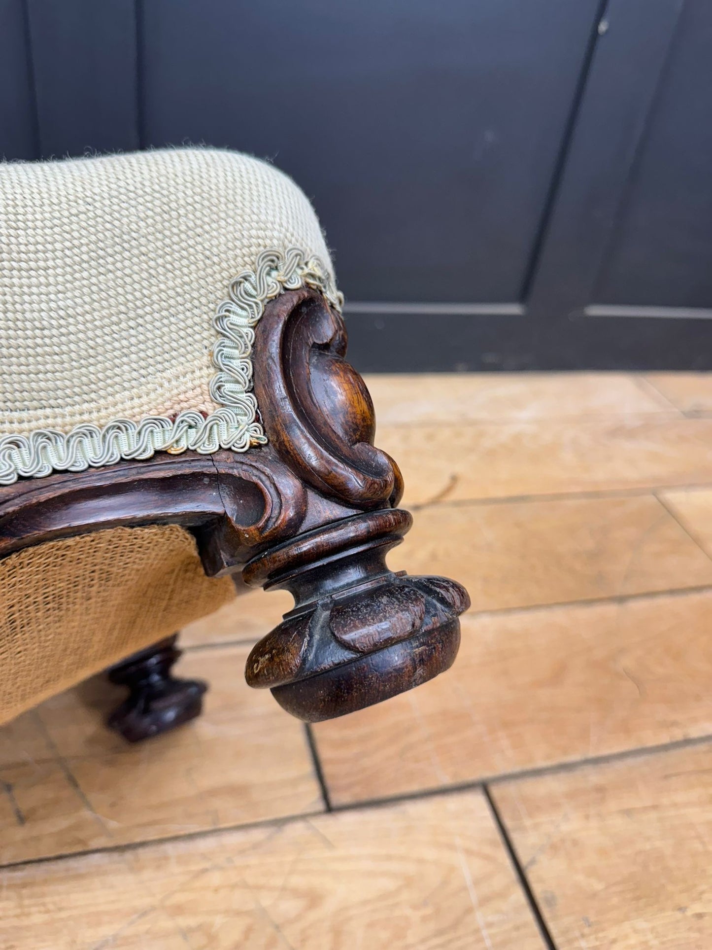 Victorian Walnut Footstool c.1876 – Carved Cabriole Legs & Floral Needlepoint