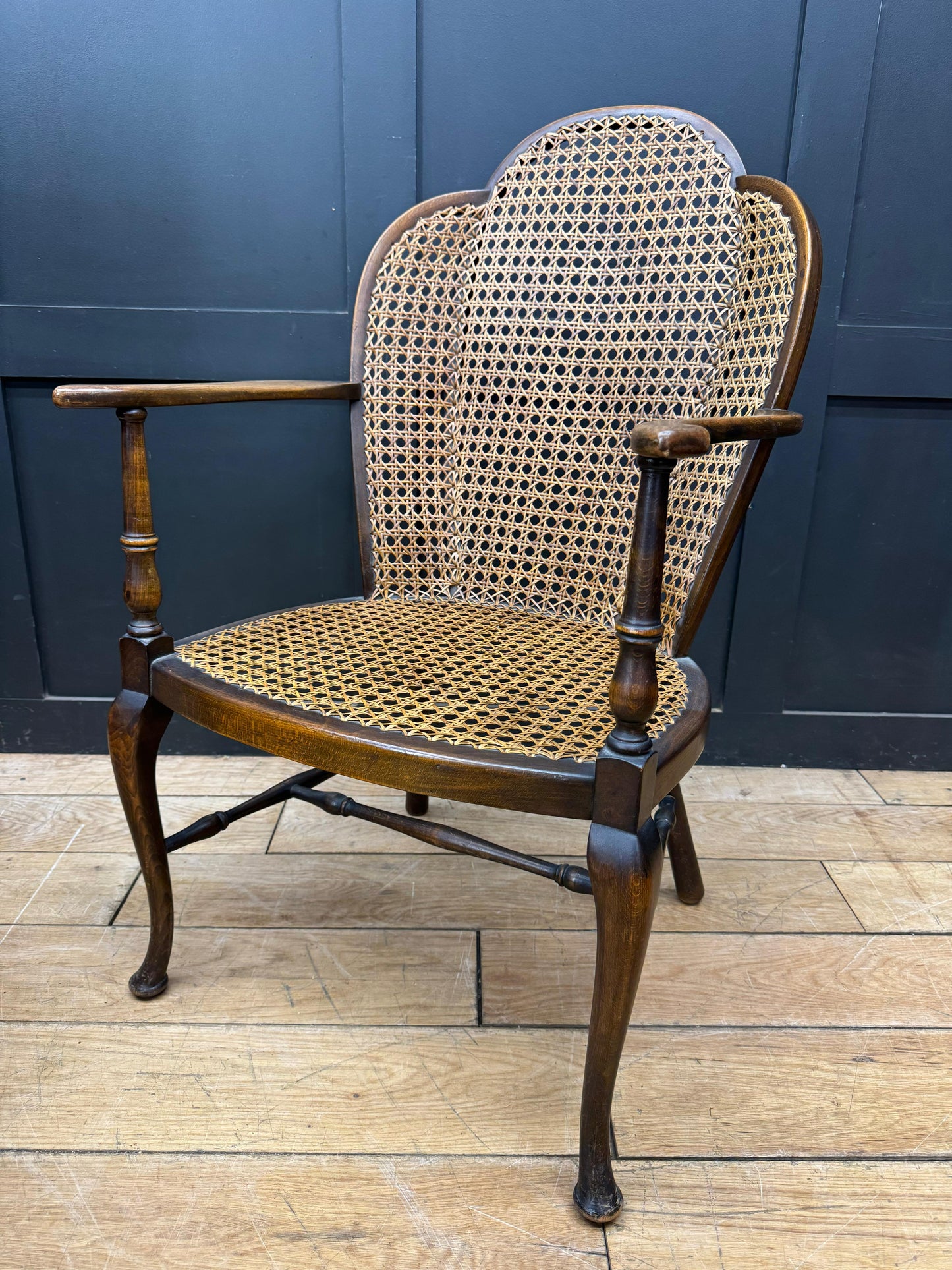 Antique Beech & Cane Elbow Chair With Cushion Armchair Bedroom Occasional Seat