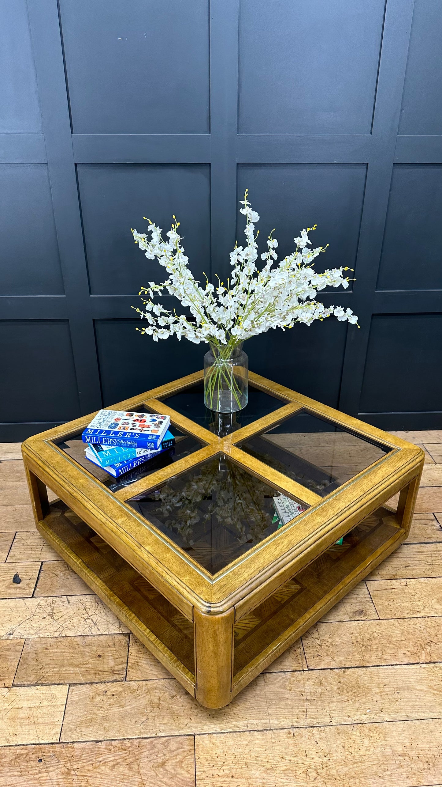 Retro Oak And Smoked Glass Square  Coffee Table / Vintage 1980s Table