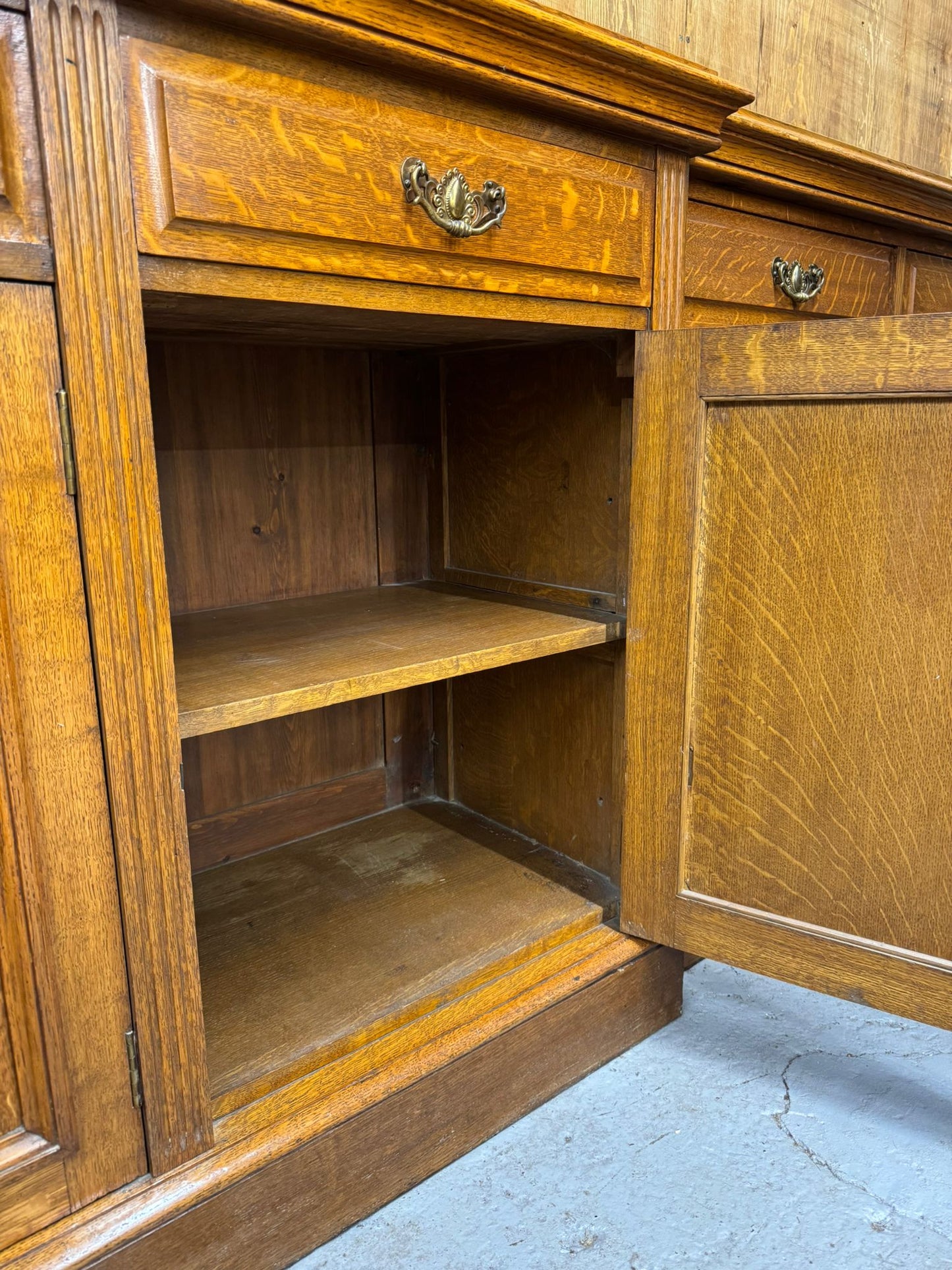 Victorian Solid Oak Breakfront Library Bookcase, TV Stand, Sideboard Display