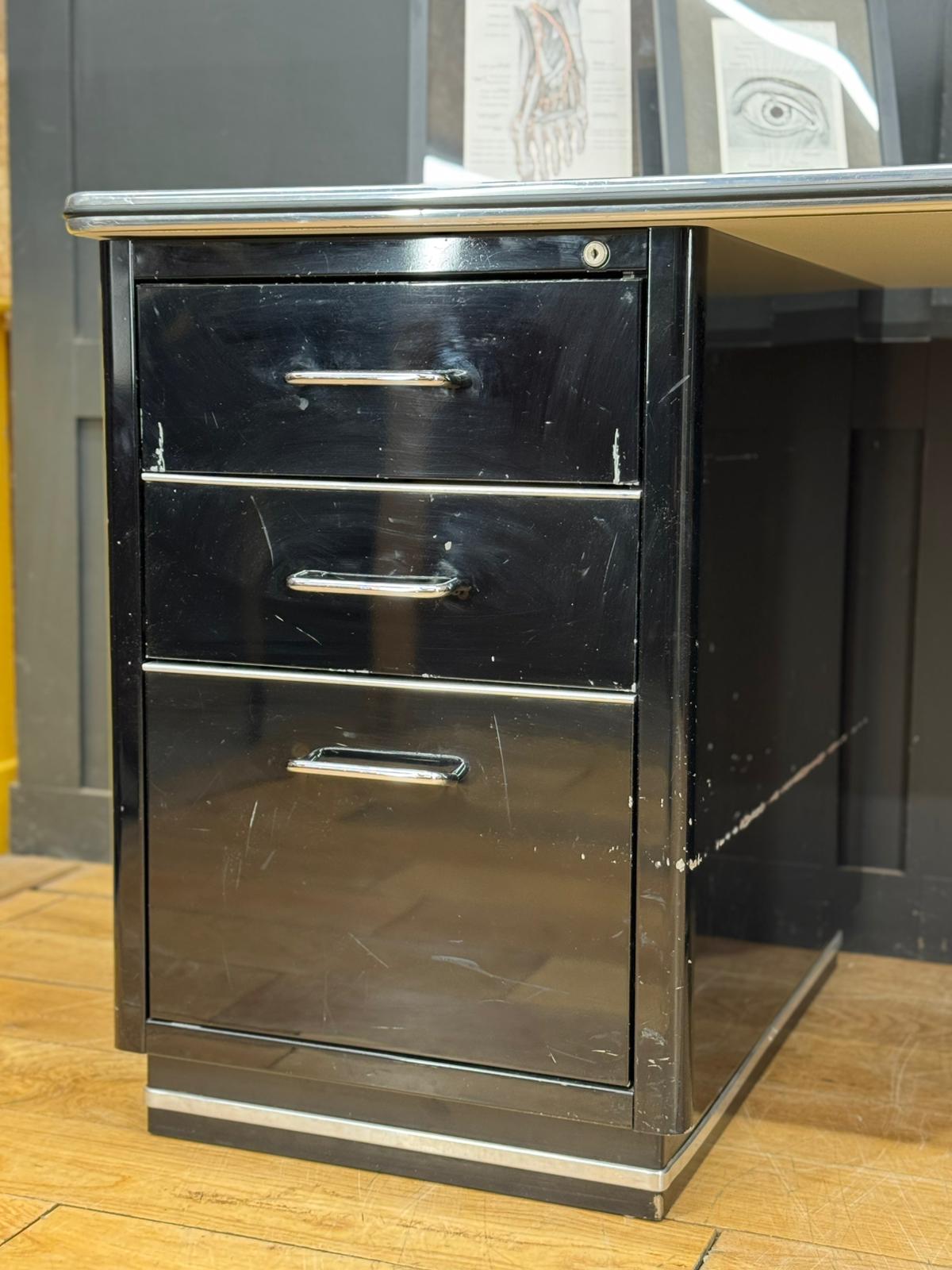 Art Deco Style Black Metal Desk / Müller Chrysler Office Twin Pedestal Desk