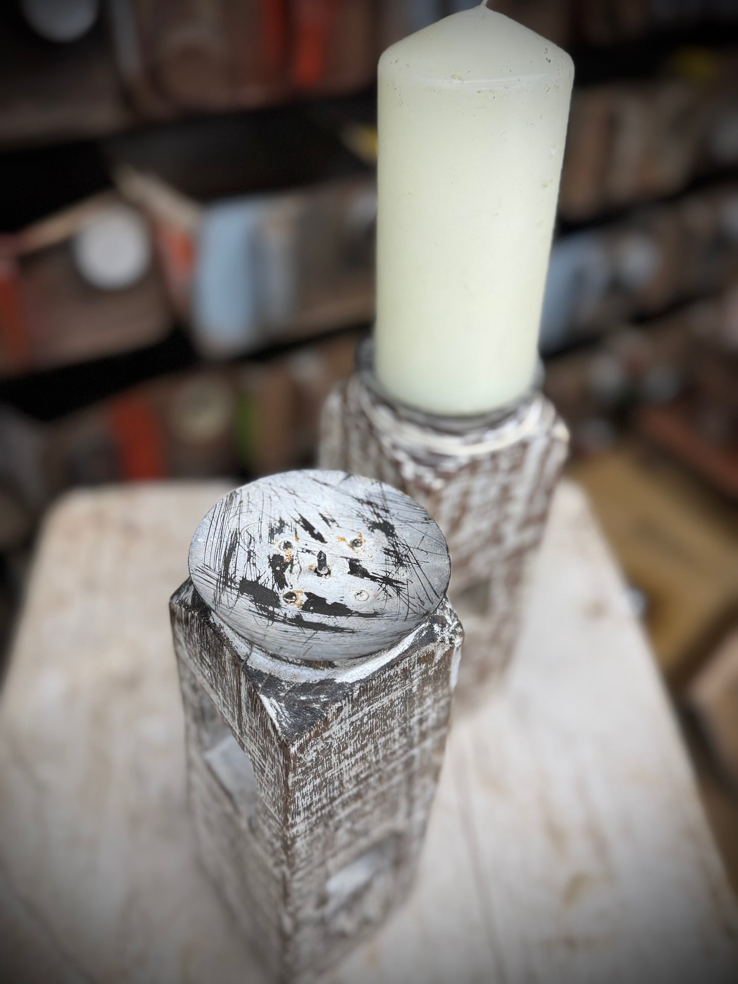 Pair Of Rustic Wooden Candle Holders / Large Church Candle Candlesticks /D