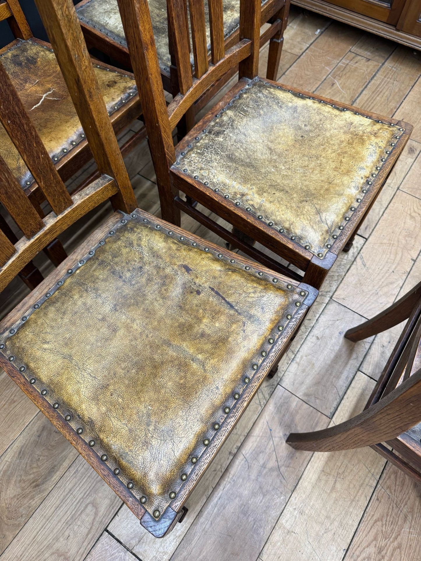 Set Of 6 Antique Arts & Crafts Oak Dining Chairs /Kitchen Chairs For Reupholster