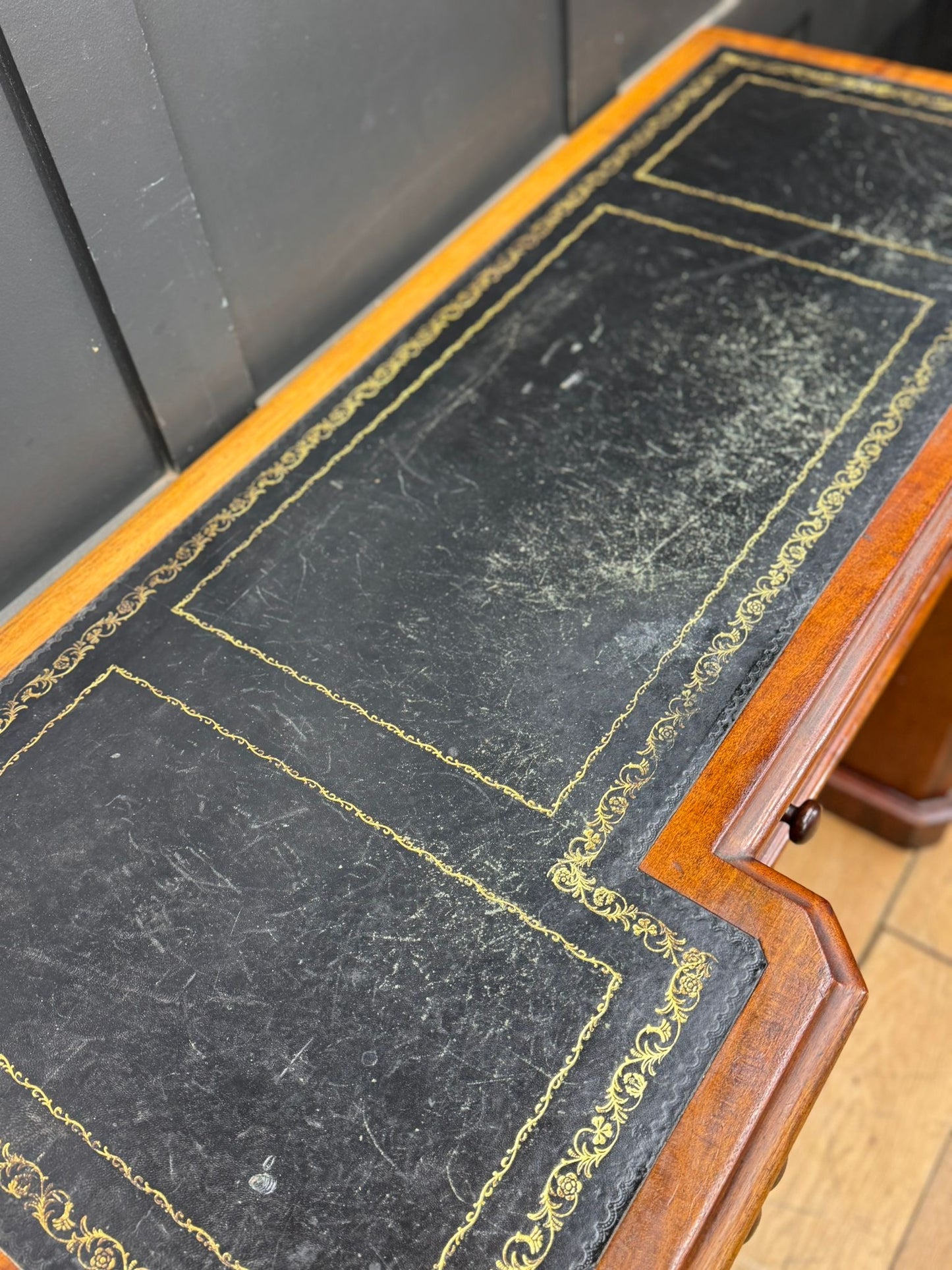 Antique Mahogany Pedestal Desk with Black Leather Top / Dressing Table