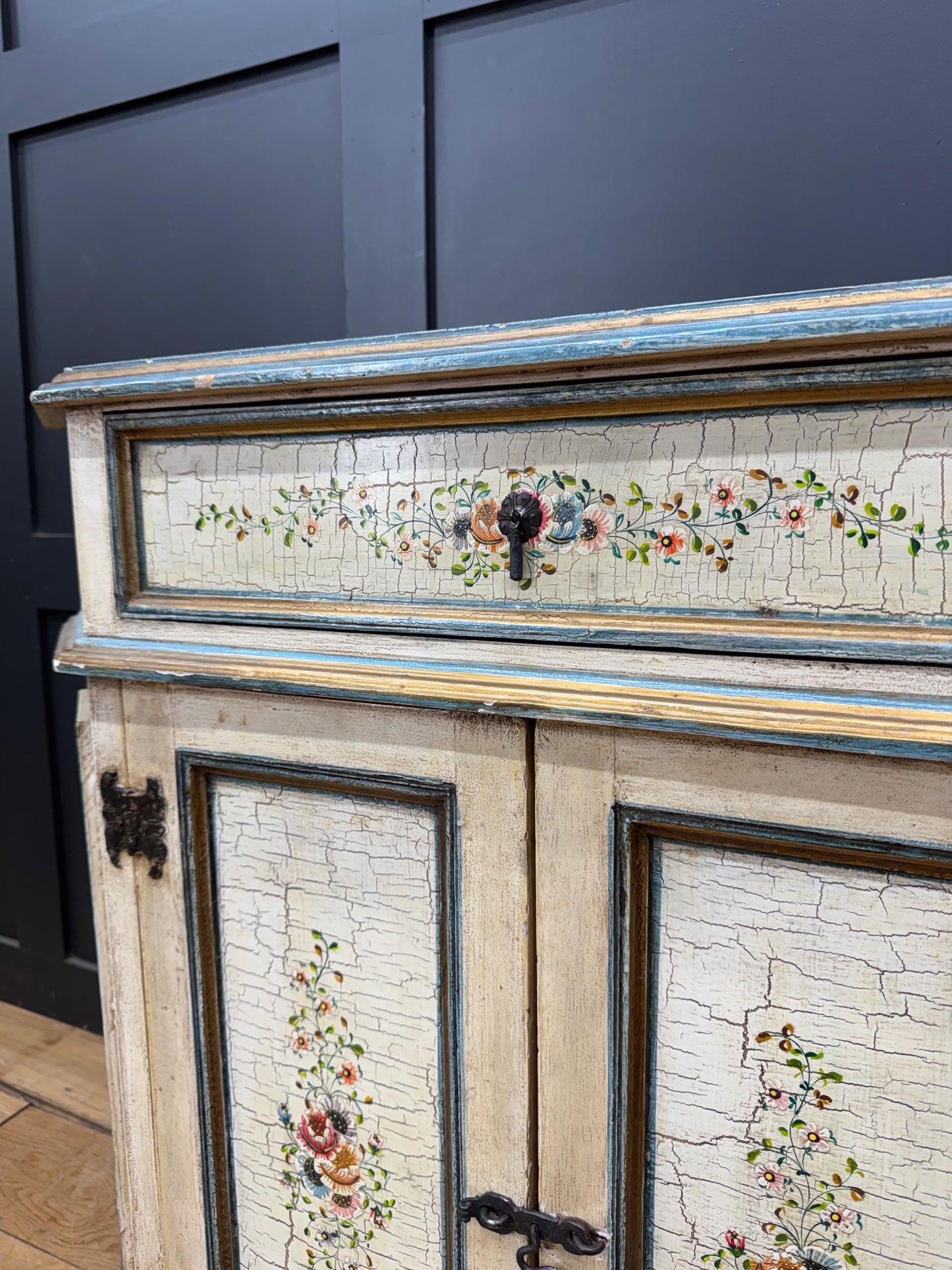 Vintage French Cream Floral Painted Side Cupboard Cabinet Sideboard Drawer Doors