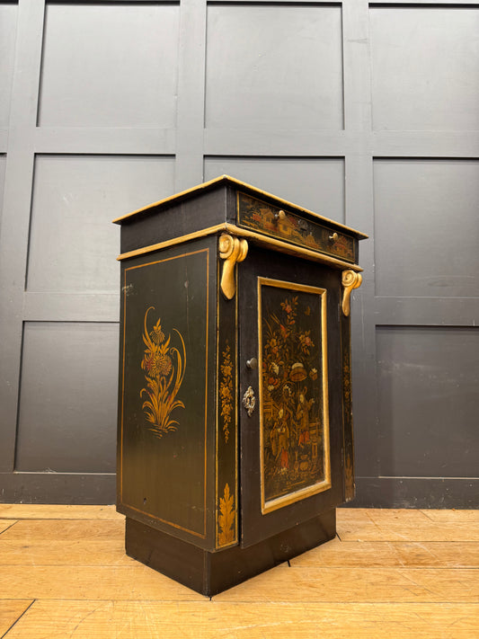 Antique Black Chinoiserie Cabinet Bedside Cupboard Oriental Painted Side Table
