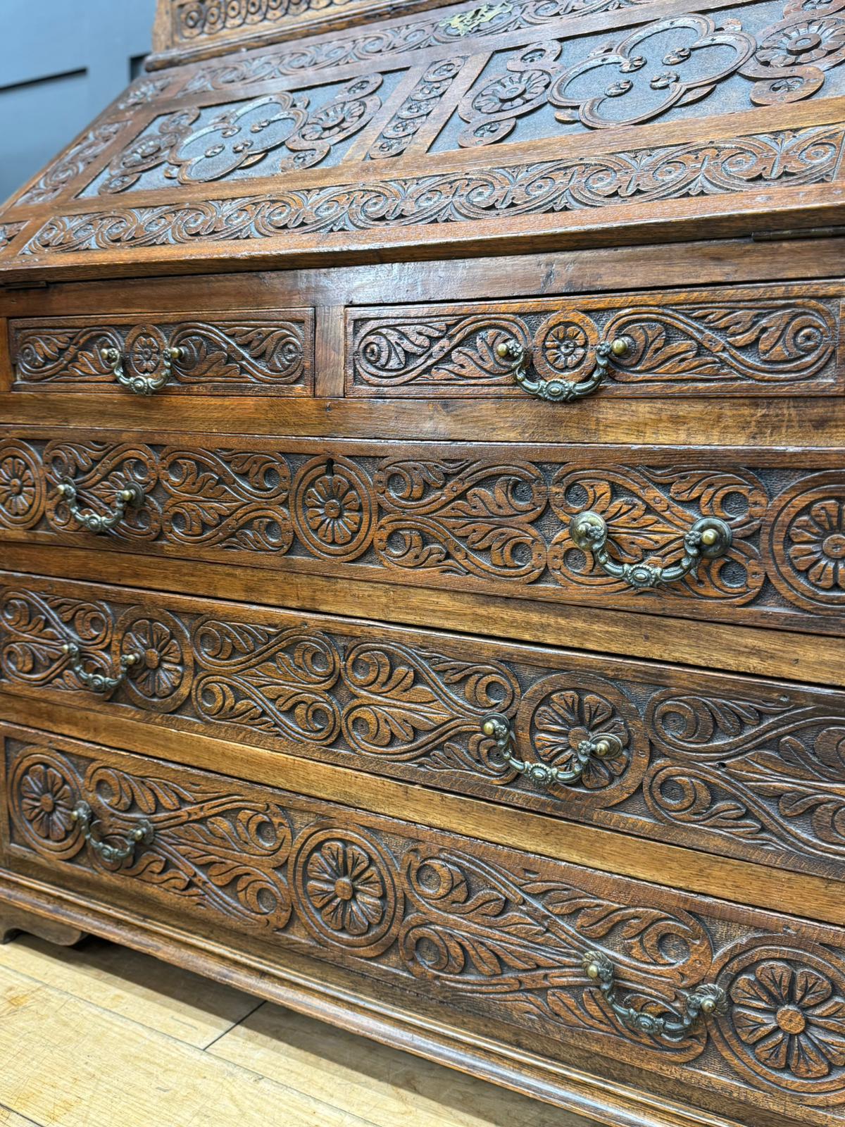 Antique Carved Oak Bureau Bookcase – Decorative Oak Writing Desk