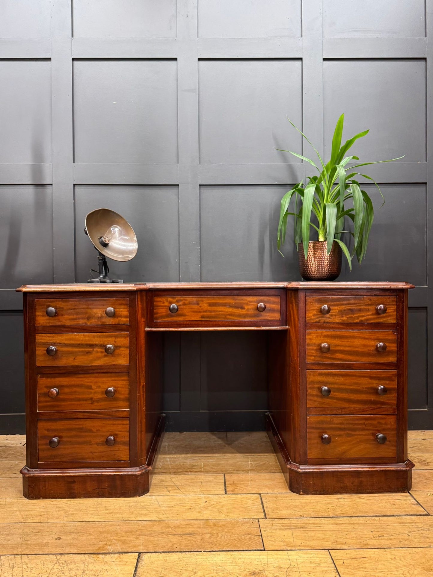 Antique Mahogany Pedestal Desk with Black Leather Top / Dressing Table