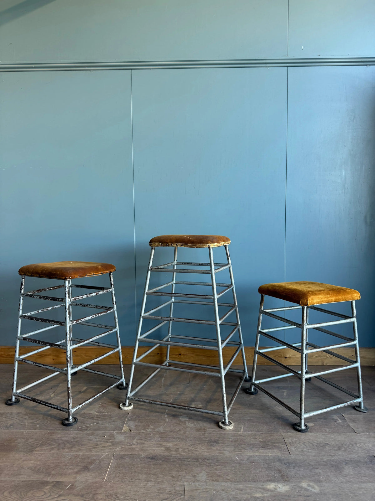 Vintage Industrial School Gym Parkour Stools Set of 3 PE Equipment Bar Seating