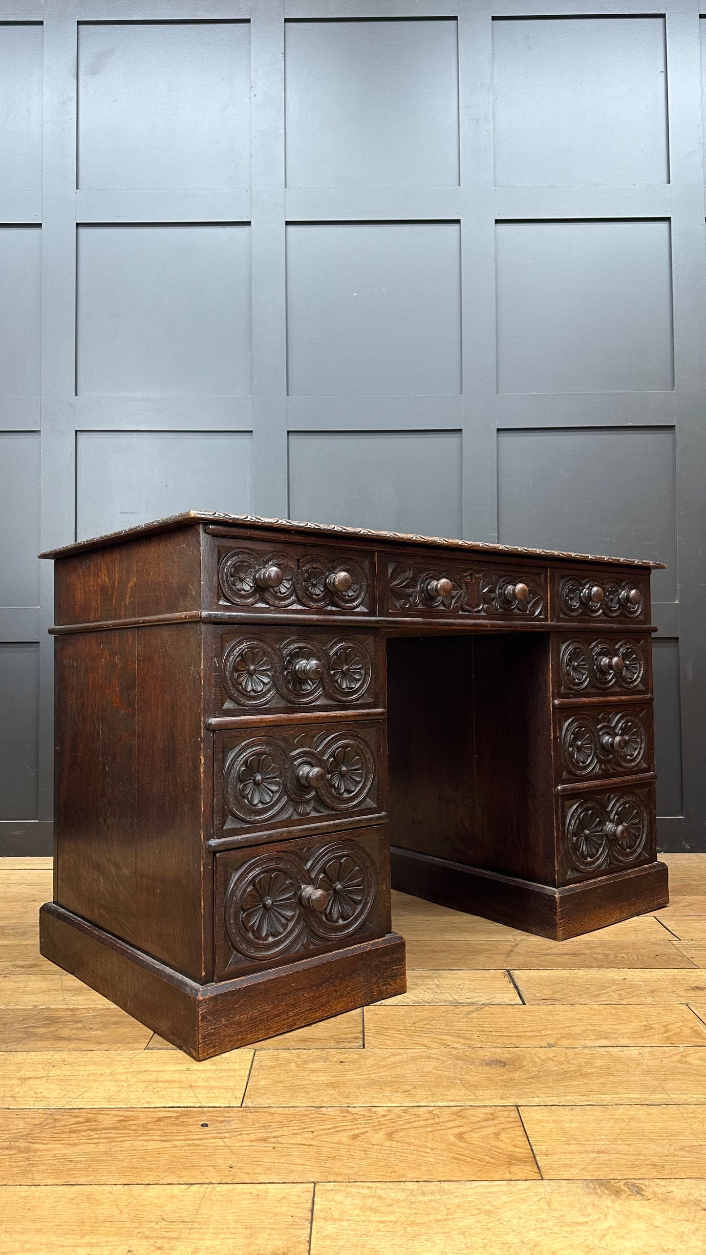 Antique Oak Desk / Pedestal Office Desk / Dark Oak Desk / Tudor Style