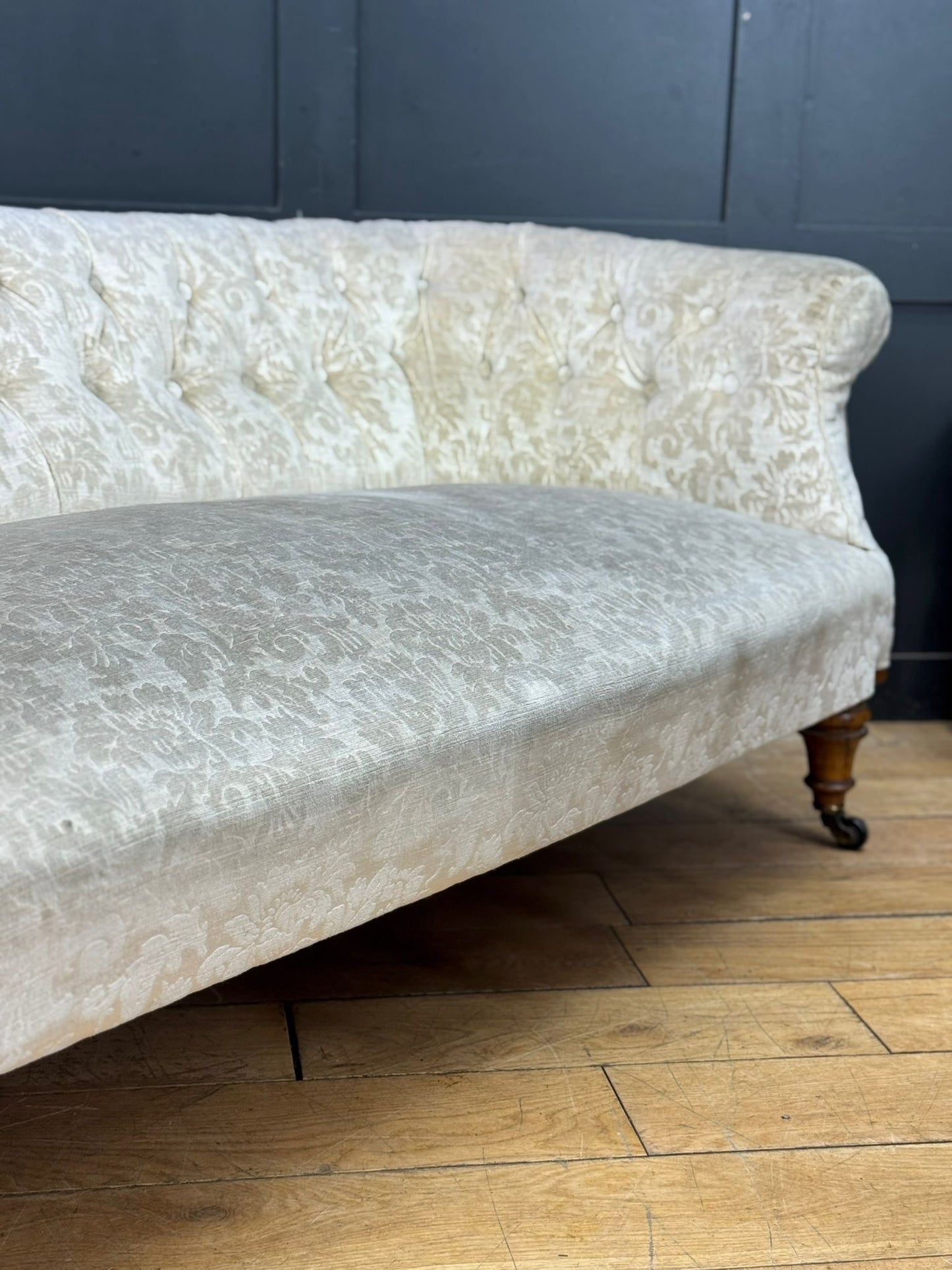 Late Victorian Walnut Button Back Sofa – Scroll Arm Upholstered Settee