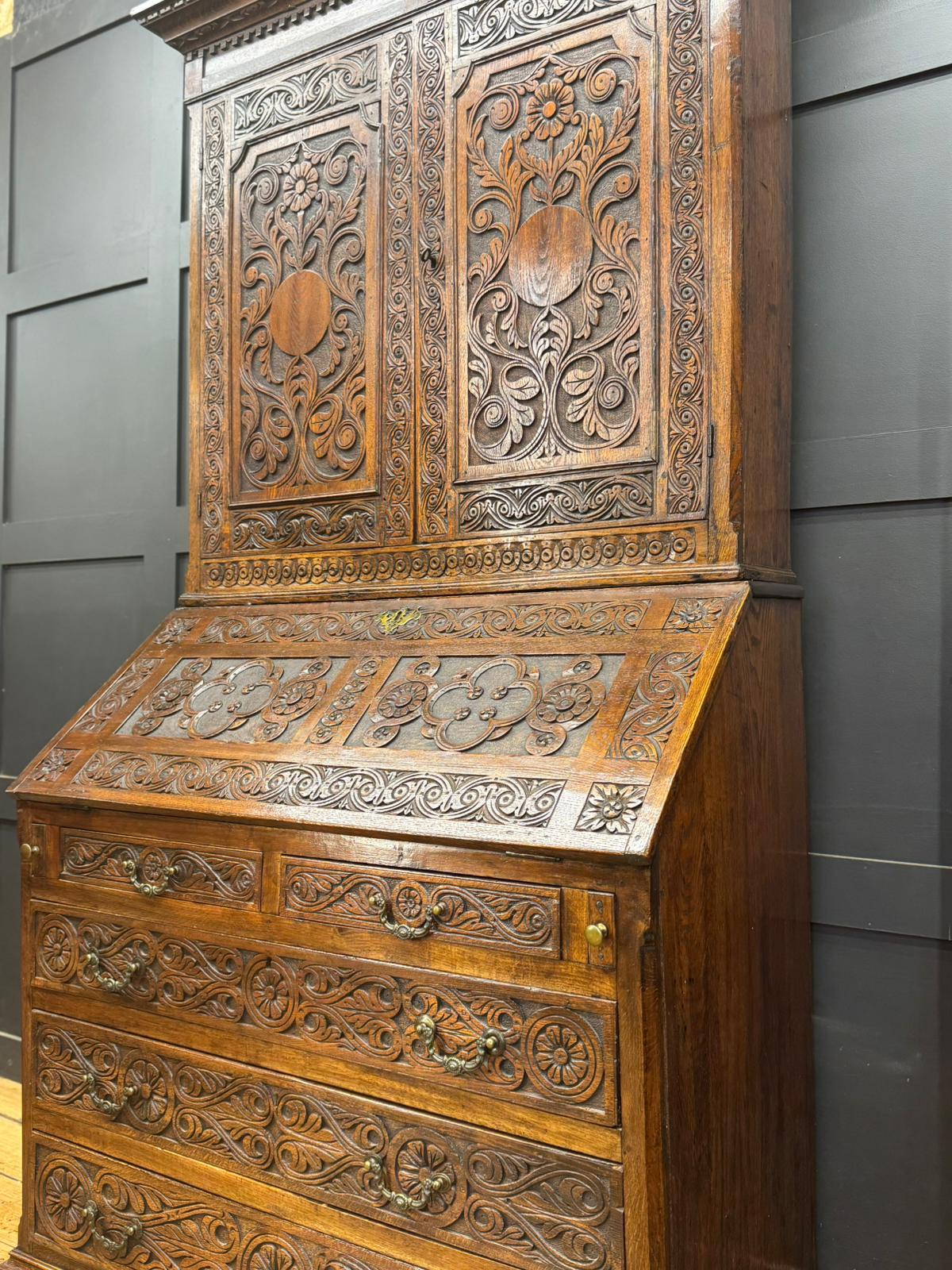Antique Carved Oak Bureau Bookcase – Decorative Oak Writing Desk