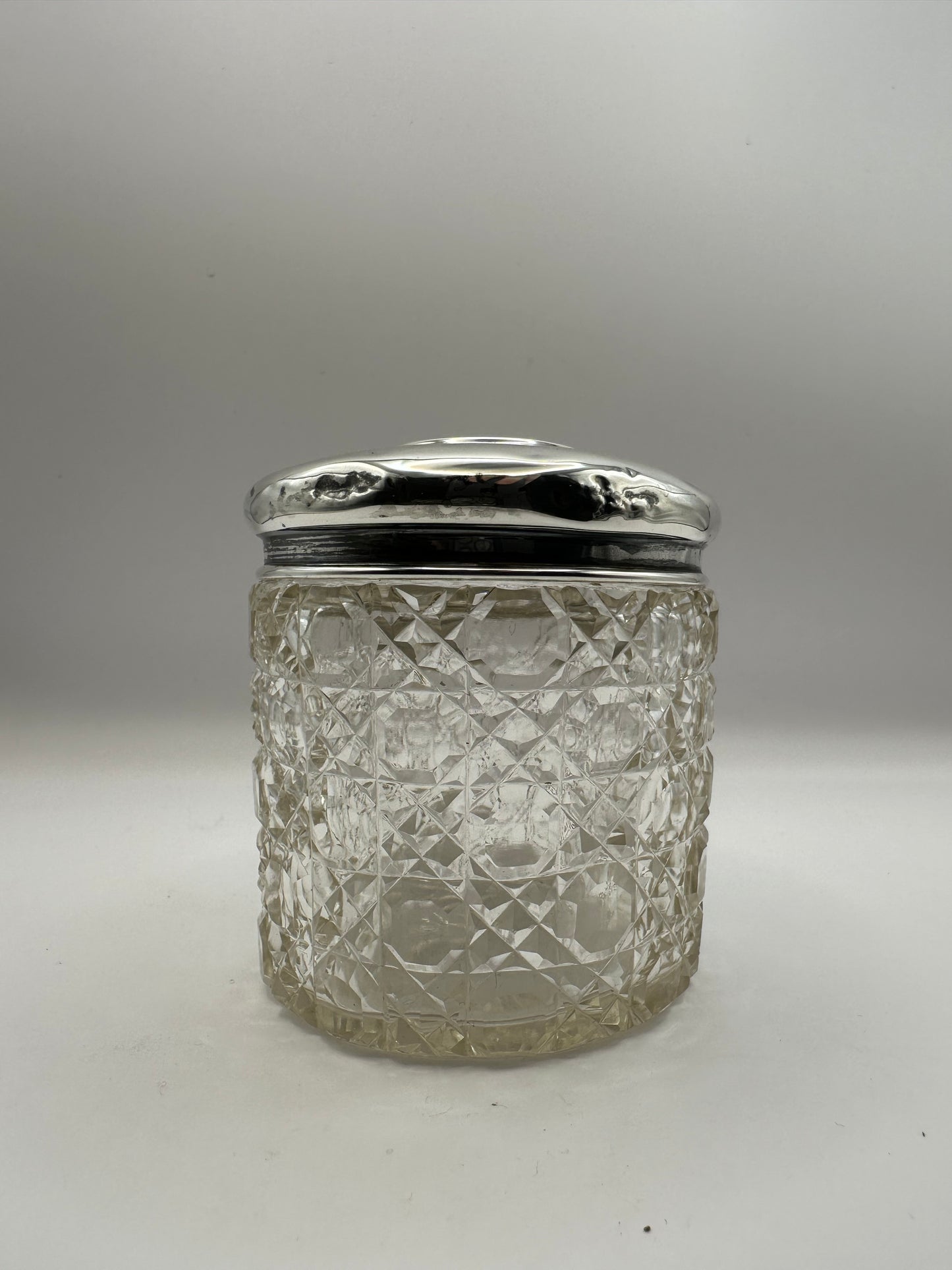 Antique Solid Sterling Silver Topped Cut Glass Pot  / Dressing Table Pot