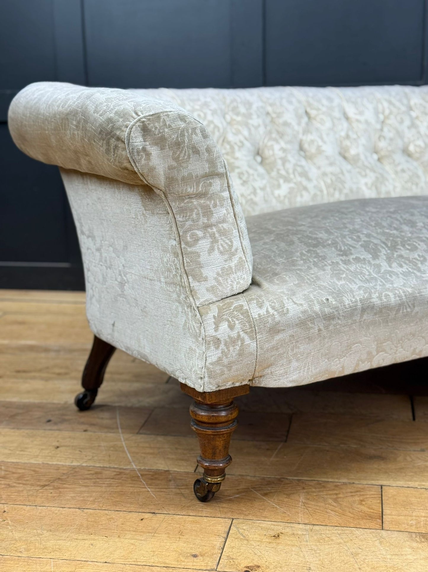 Late Victorian Walnut Button Back Sofa – Scroll Arm Upholstered Settee