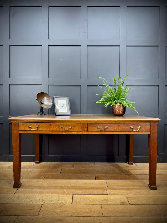 Antique Oak Leather Top Writing Desk /Console Table With Drawers
