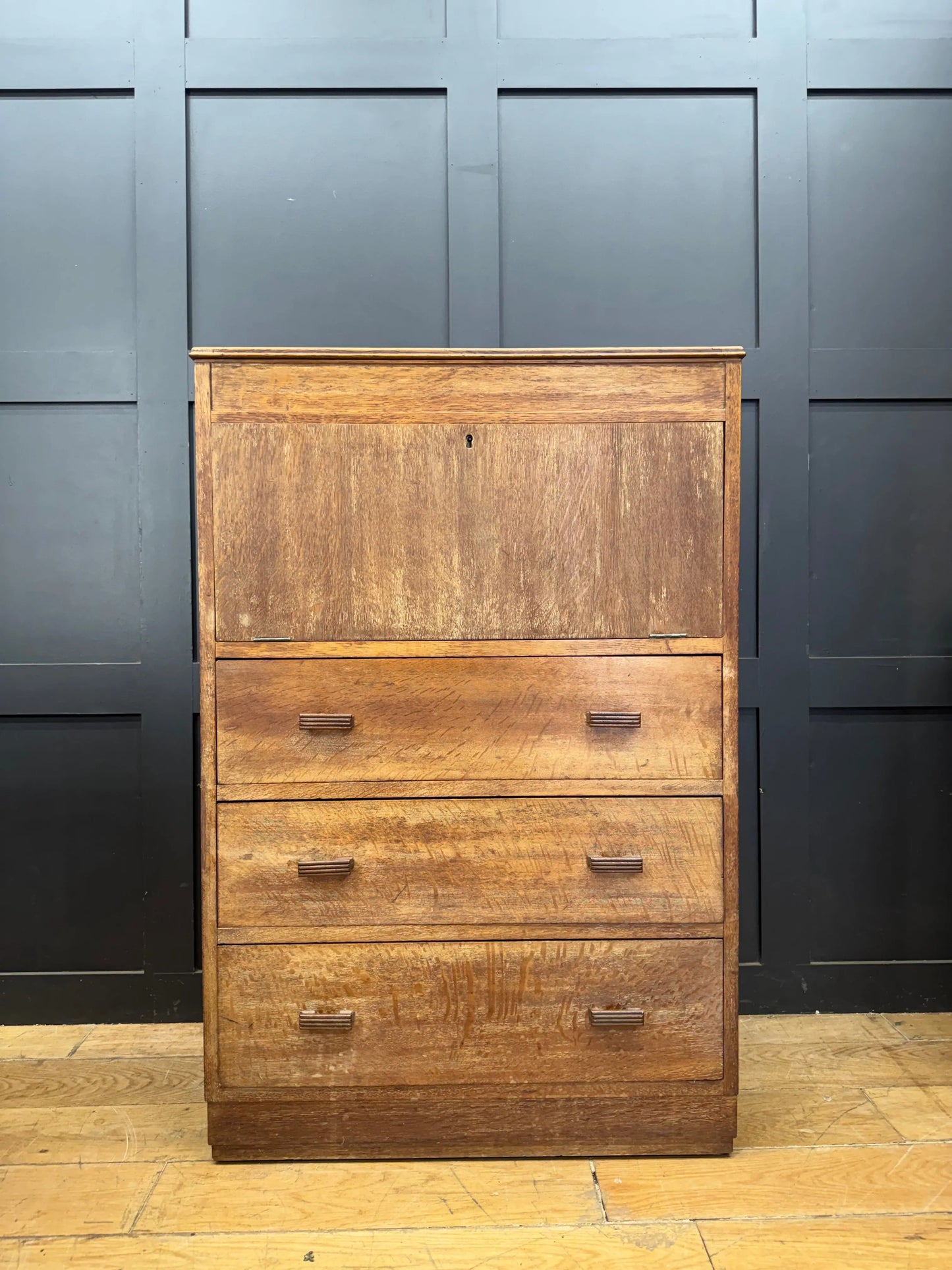 1930s Art Deco Limed Oak Bureau Chest of Drawers Writing Desk  Mirror Tallboy