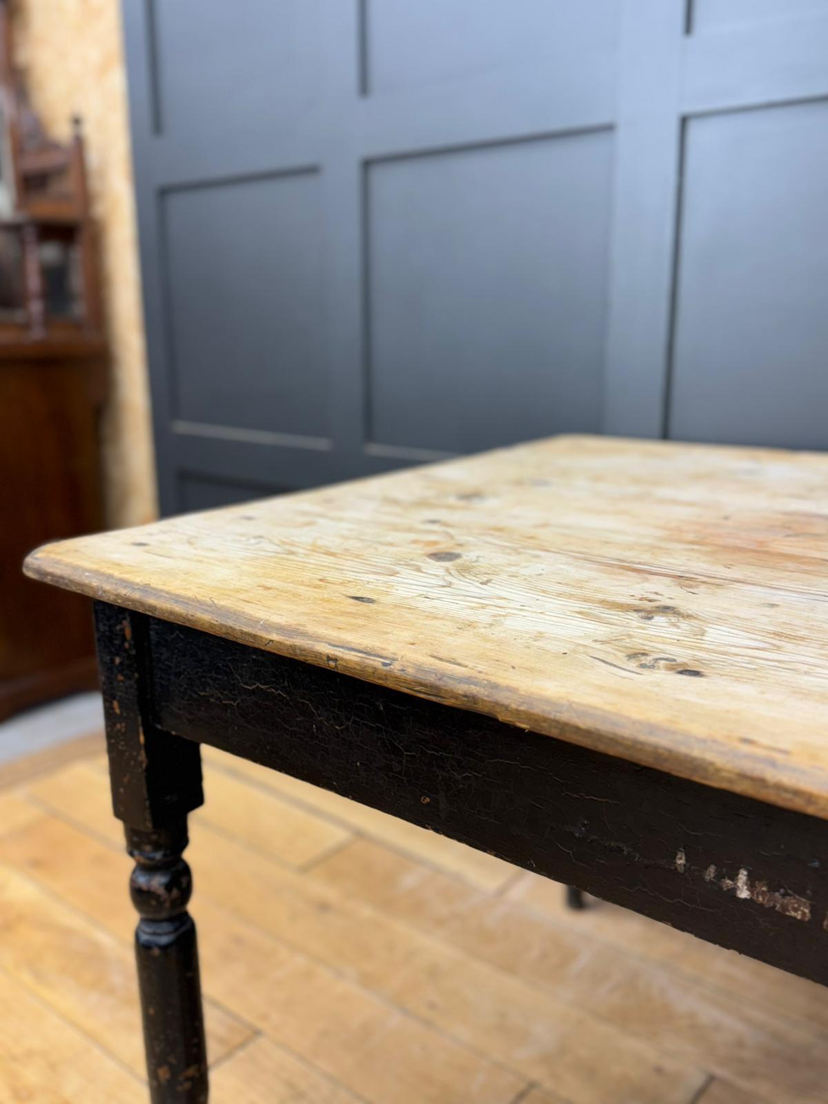 Victorian Pine Farmhouse Kitchen Dining Table / Rustic Black Painted Base