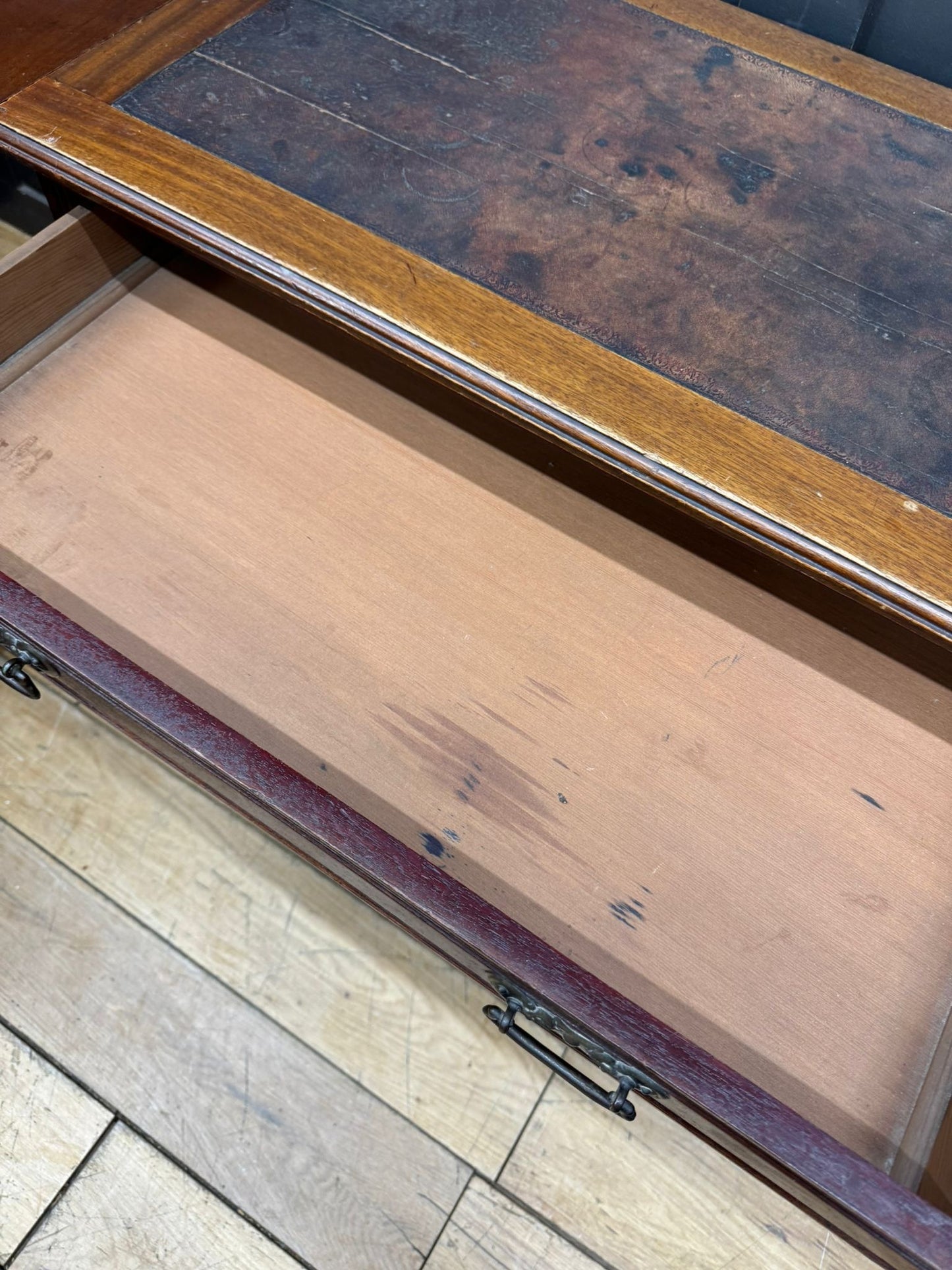 Vintage Mahogany Drop Leaf Side Table – 3 Drawers – Leather Inset Top
