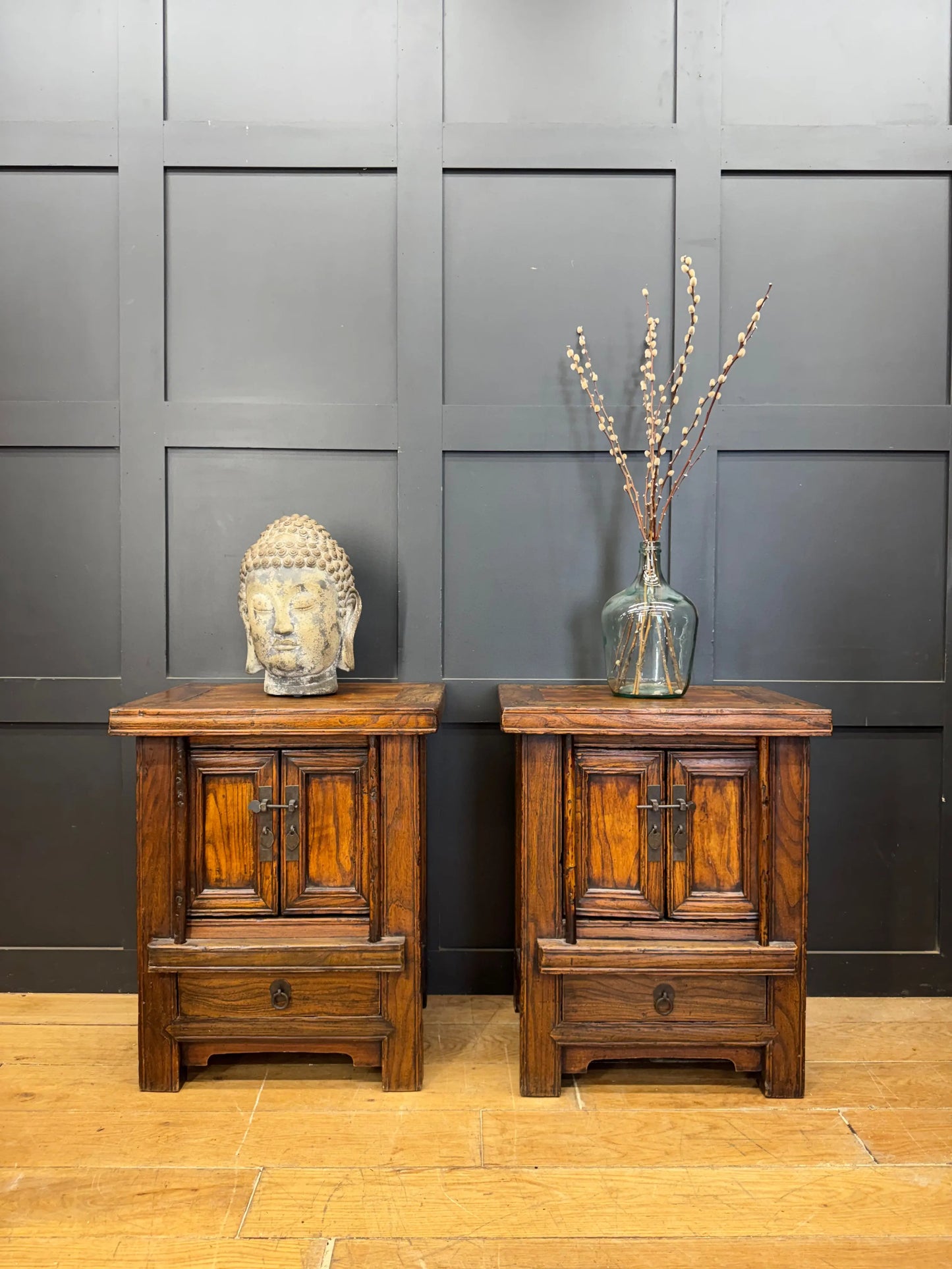 Pair Rustic Chinese Elm Bedside Cabinets Drawers Cupboards Side Lamp Tables