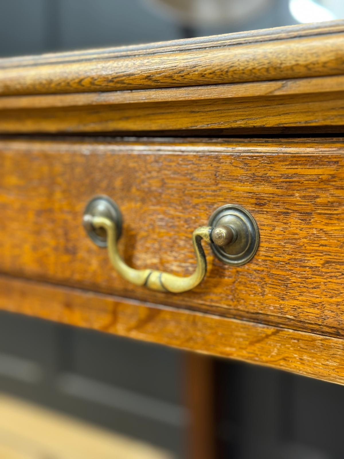 Antique Oak Leather Top Writing Desk /Console Table With Drawers