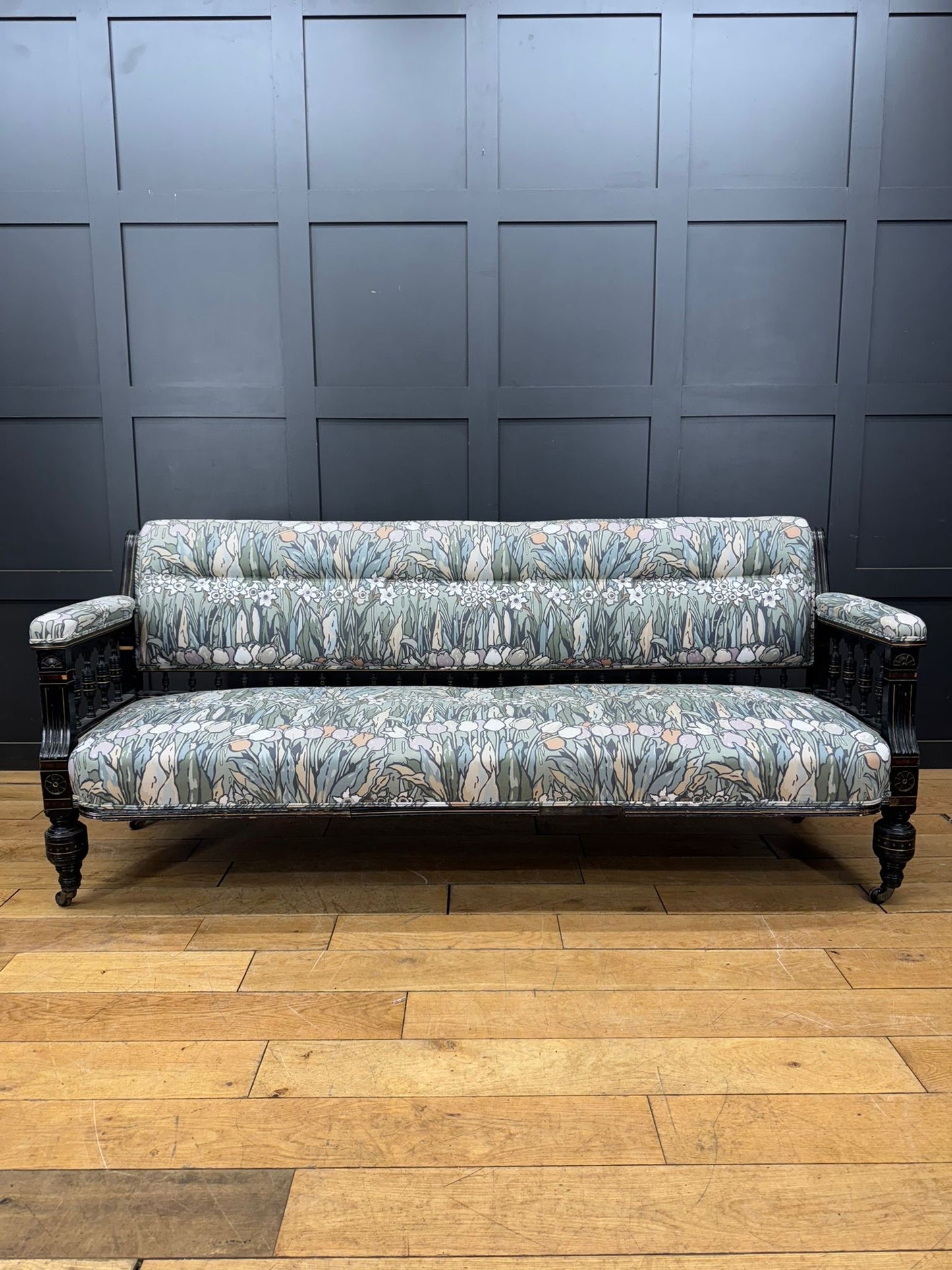 Antique Ebonised Arts & Crafts Settee – Inlaid Frame Vintage Sofa Couch