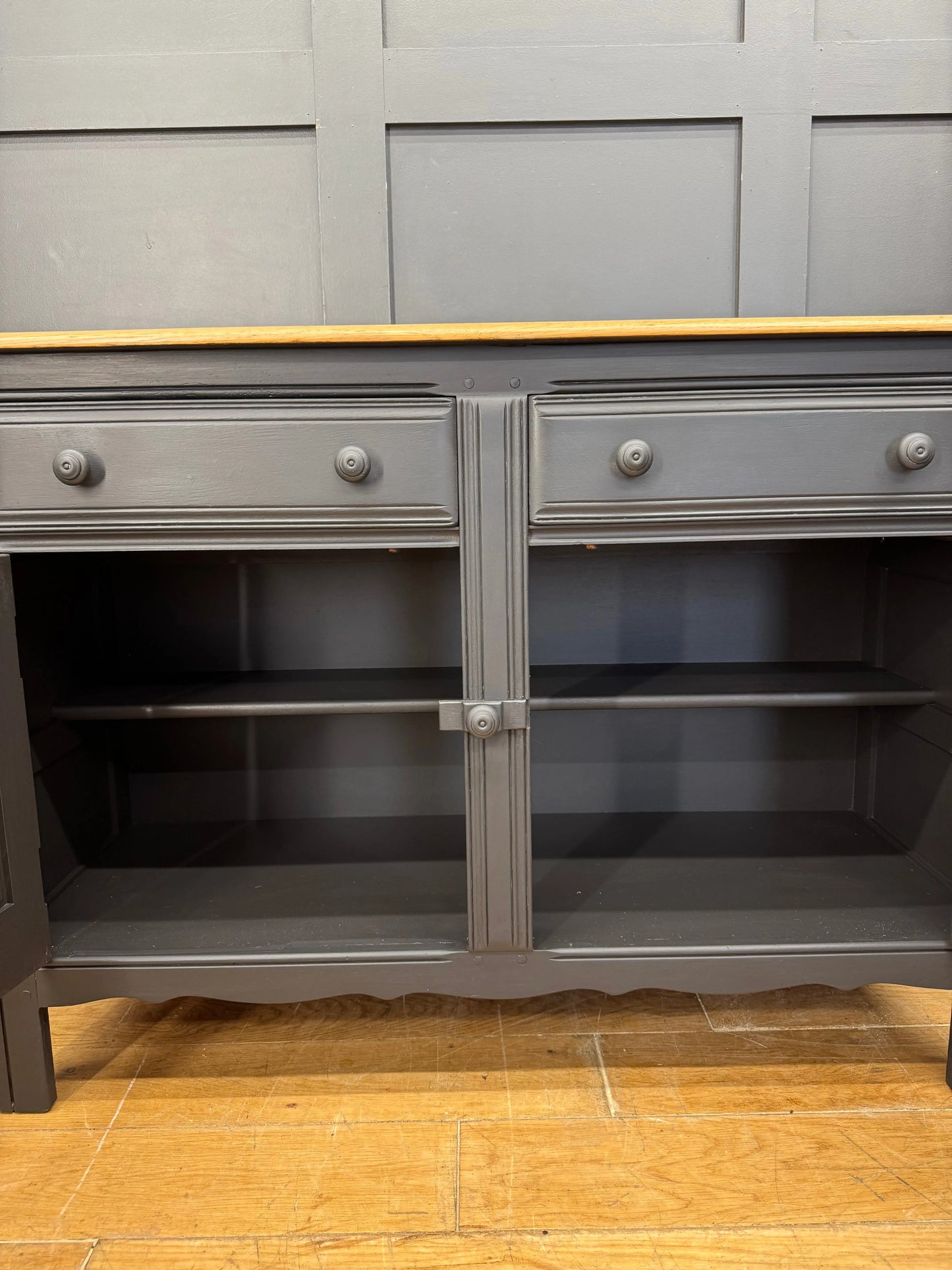 Vintage Ercol Painted Sideboard Black Storage Cabinet Cupboard Drawers Natural Top