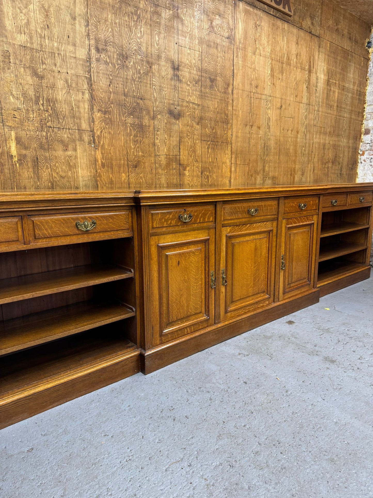 Victorian Solid Oak Breakfront Library Bookcase, TV Stand, Sideboard Display