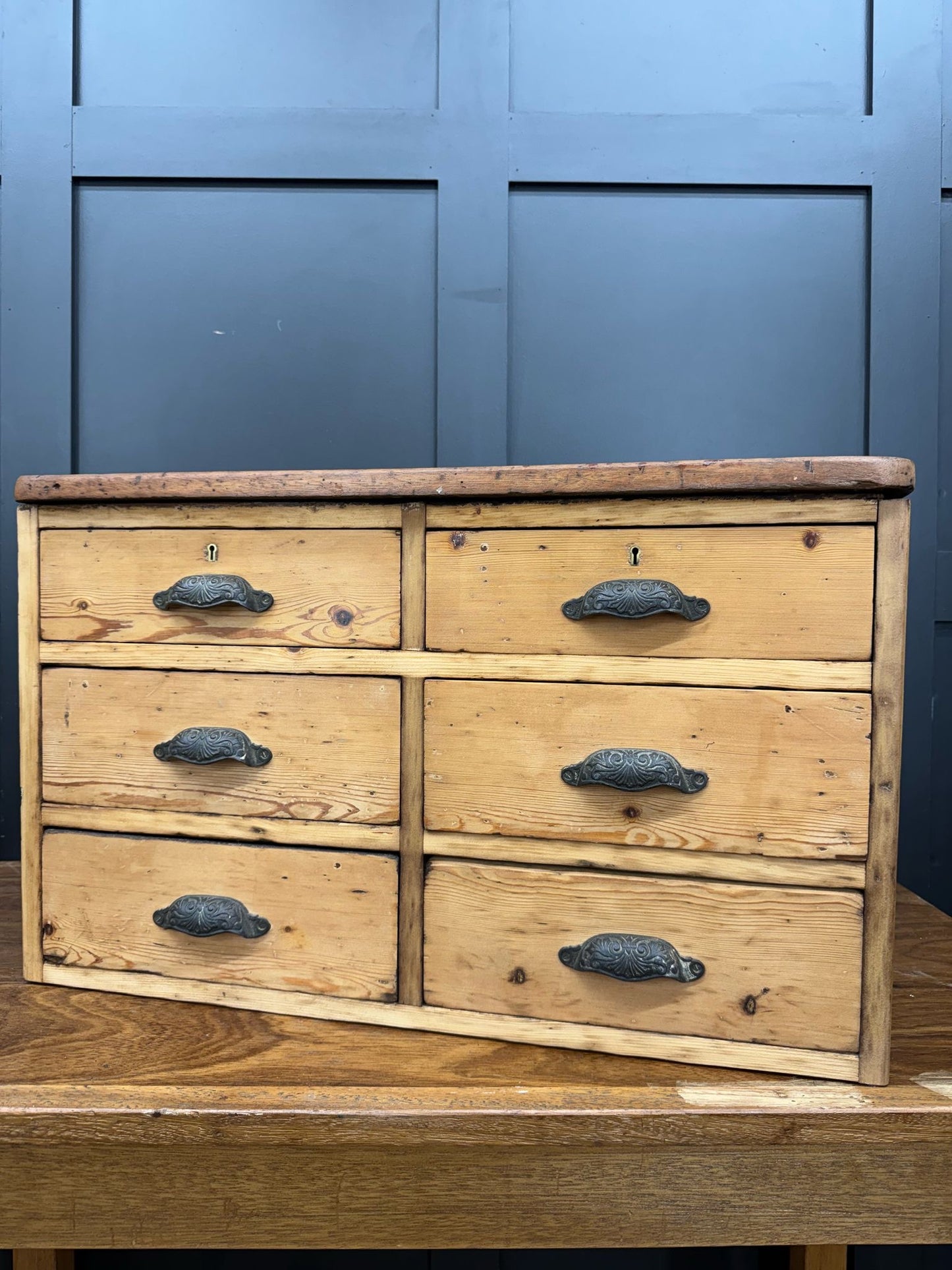 Antique Pine Table Top Chest Of Drawers /Factory Craft Jewellery Sewing Storage
