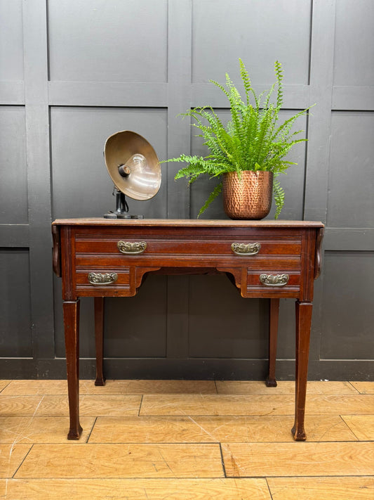 Vintage Mahogany Drop Leaf Side Table – 3 Drawers – Leather Inset Top