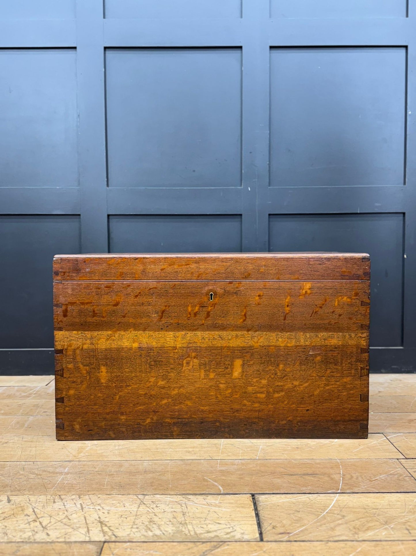Antique Oak Box Trunk Chest Coffee Table Storage Brass Handles Campaign Style