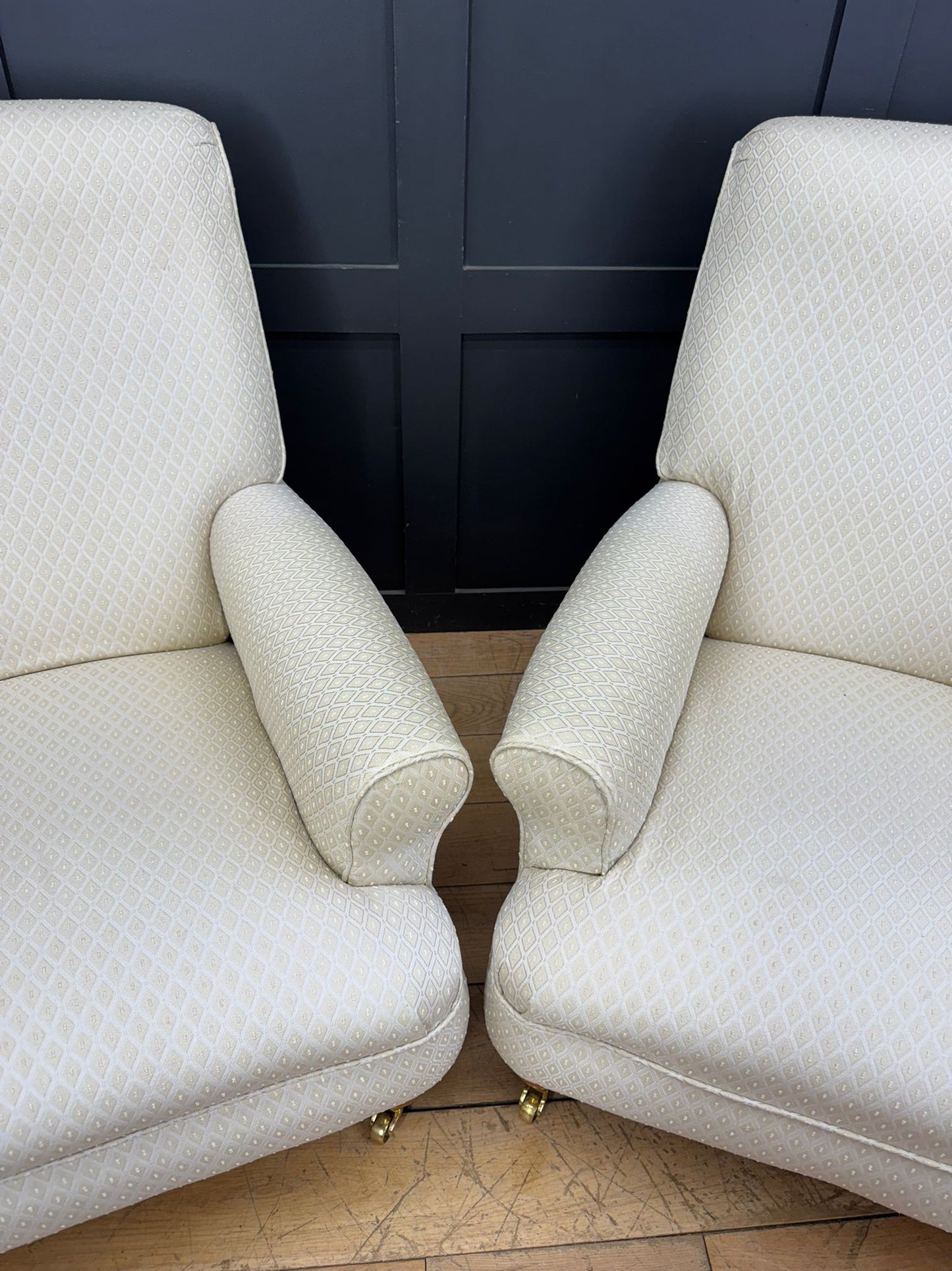 Pair of Contemporary Cream Upholstered Armchairs – Brass Castors /Lounge Chairs