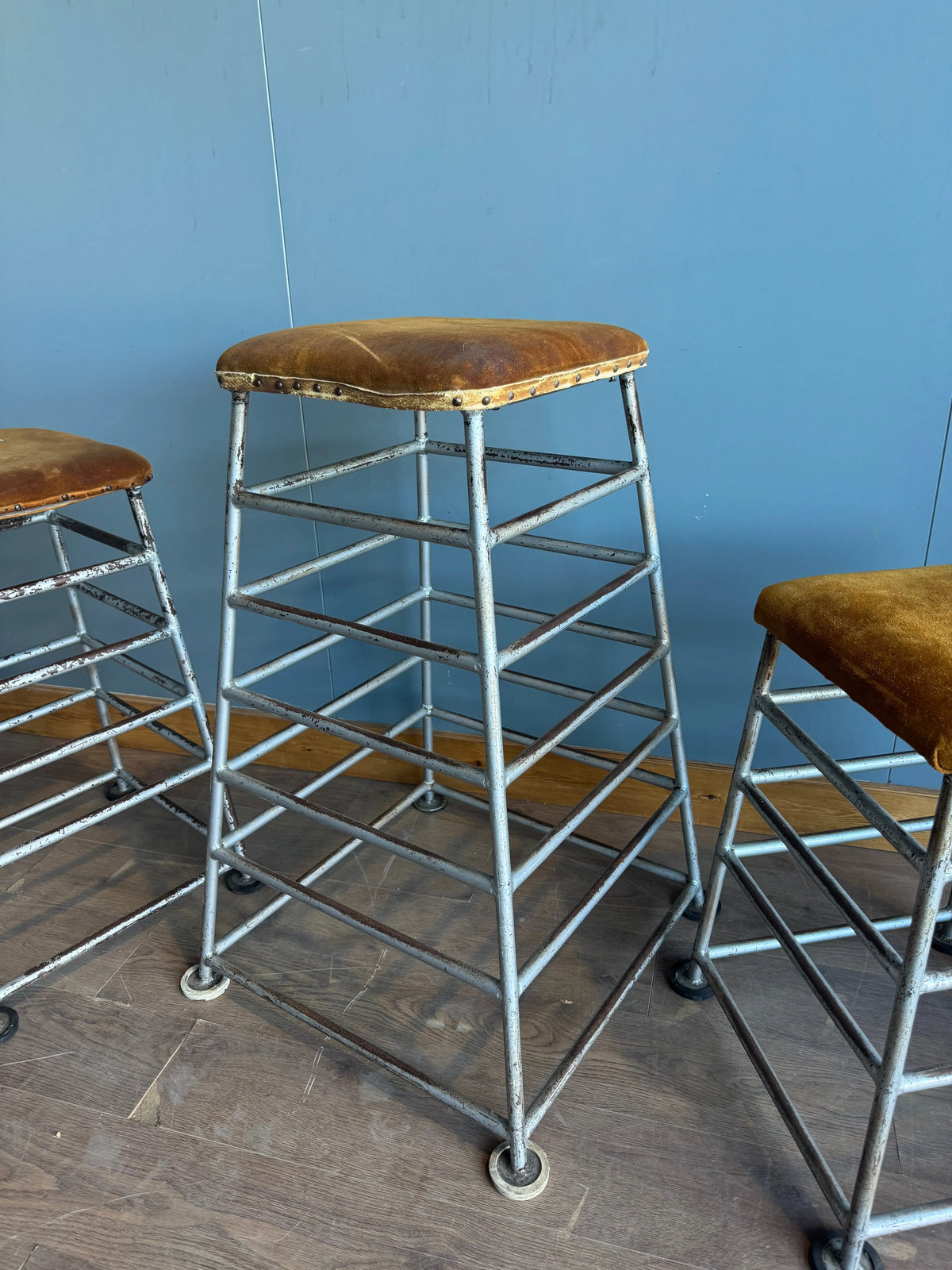 Vintage Industrial School Gym Parkour Stools Set of 3 PE Equipment Bar Seating