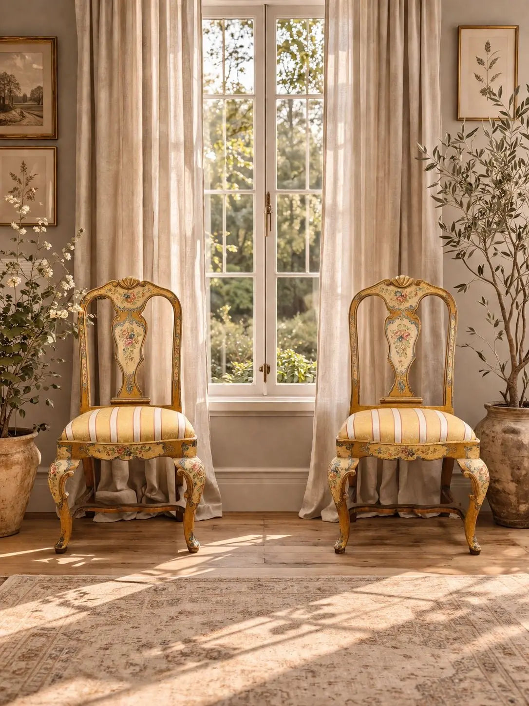 Antique Pair Italian Polychrome Painted Dining Chairs Accent Chairs Venetian RUSTIC WAREHOUSE NORFOLK
